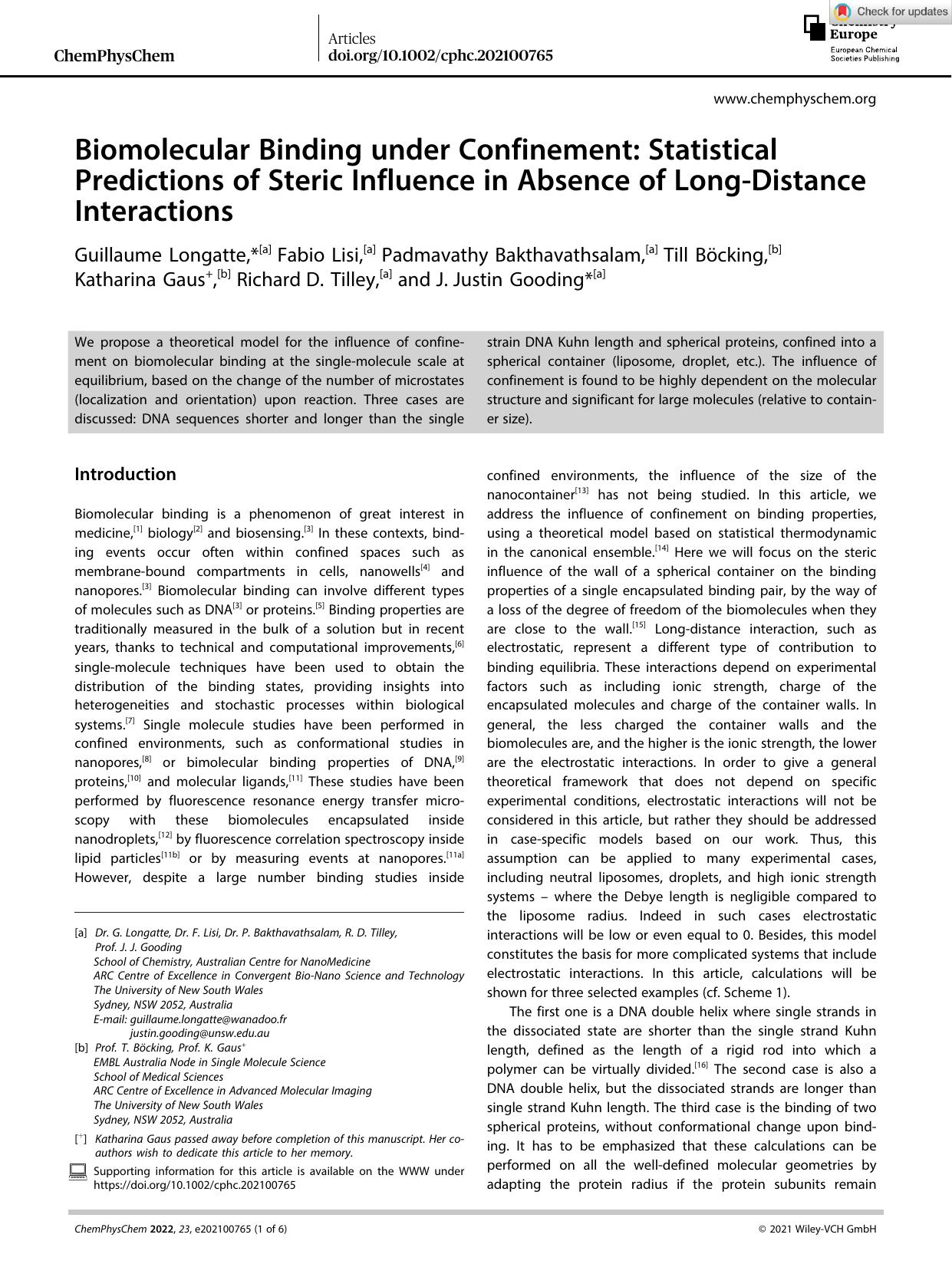 Biomolecular Binding under Confinement: Statistical Predictions of Steric Influence in Absence of LongâDistance Interactions by Unknown