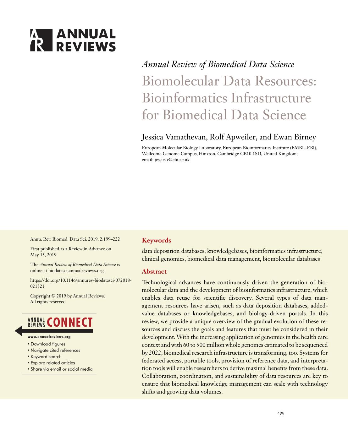 Biomolecular Data Resources: Bioinformatics Infrastructure for Biomedical Data Science by Jessica Vamathevan Rolf Apweiler and Ewan Birney