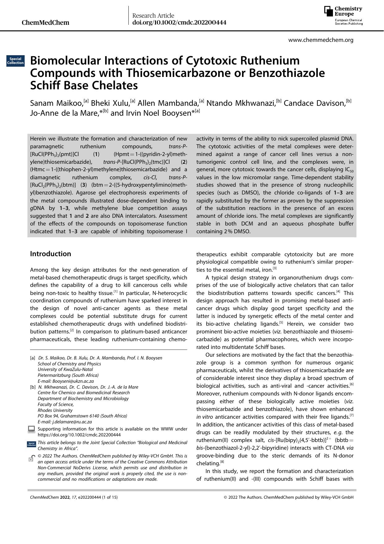 Biomolecular Interactions of Cytotoxic Ruthenium Compounds with Thiosemicarbazone or Benzothiazole Schiff Base Chelates by Unknown