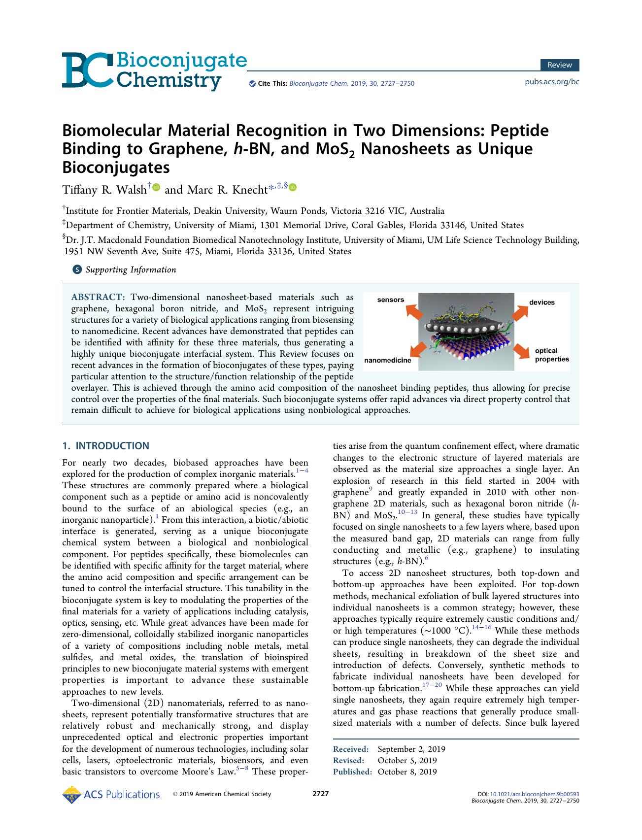 Biomolecular Material Recognition in Two Dimensions: Peptide Binding to Graphene, h-BN, and MoS2 Nanosheets as Unique Bioconjugates by Tiffany R. Walsh; Marc R. Knecht & Marc R. Knecht