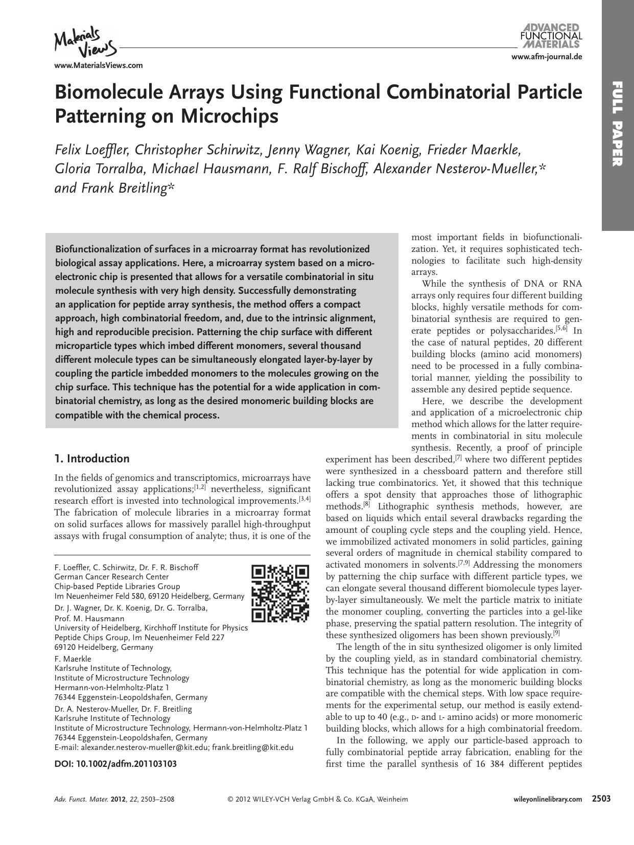 Biomolecule Arrays Using Functional Combinatorial Particle Patterning on Microchips by vng