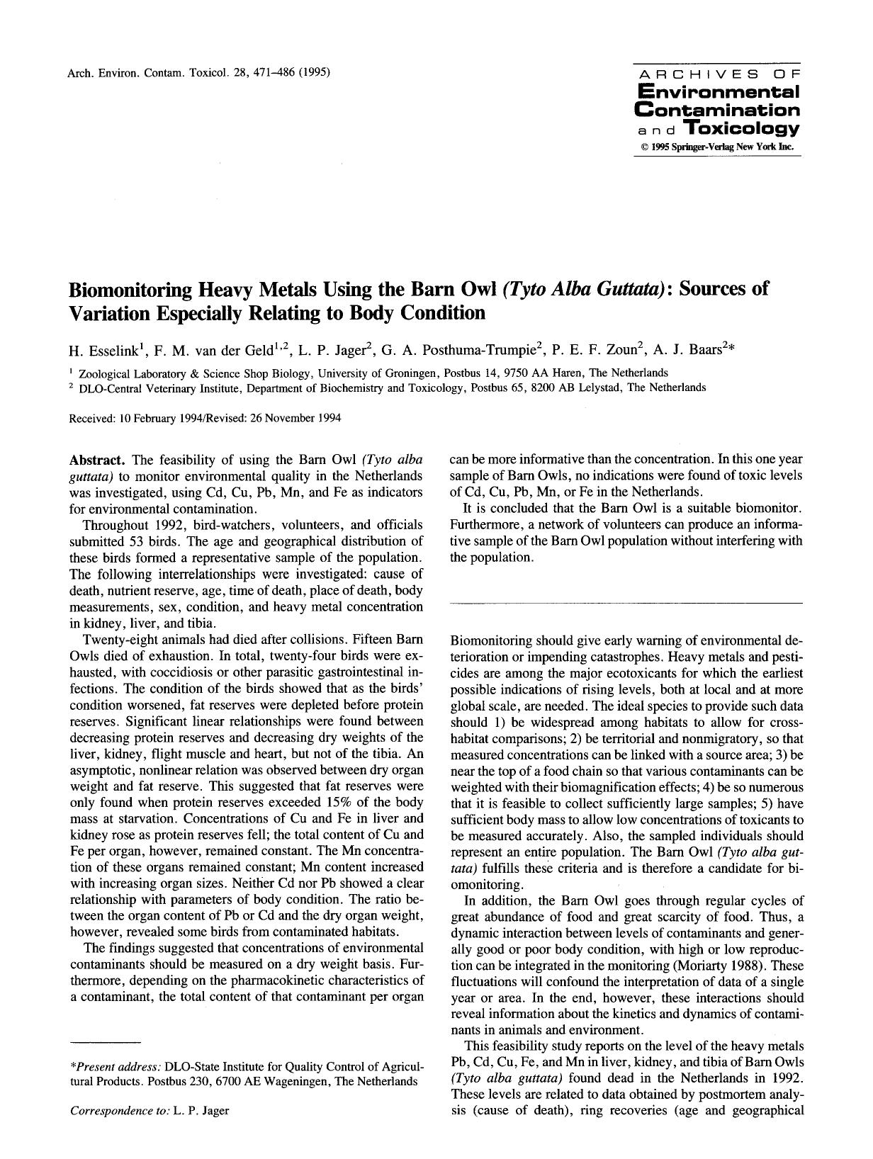 Biomonitoring heavy metals using the barn owl <Emphasis Type="Italic">(Tyto alba guttata)<Emphasis>: Sources of variation especially relating to body condition by Unknown