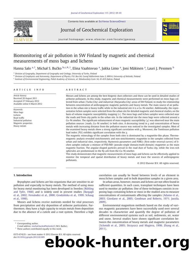 Biomonitoring of air pollution in SW Finland by magnetic and chemical measurements of moss bags and lichens by Hanna Salo & Michał S. Bućko & Elina Vaahtovuo & Jukka Limo & Joni Mäkinen & Lauri J. Pesonen