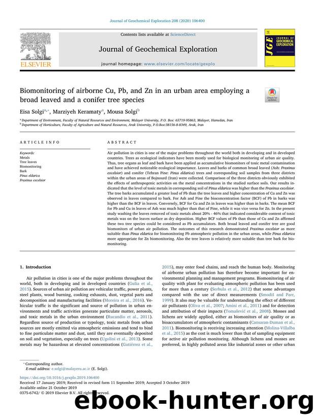 Biomonitoring of airborne Cu, Pb, and Zn in an urban area employing a broad leaved and a conifer tree species by Eisa Solgi & Marziyeh Keramaty & Mousa Solgi