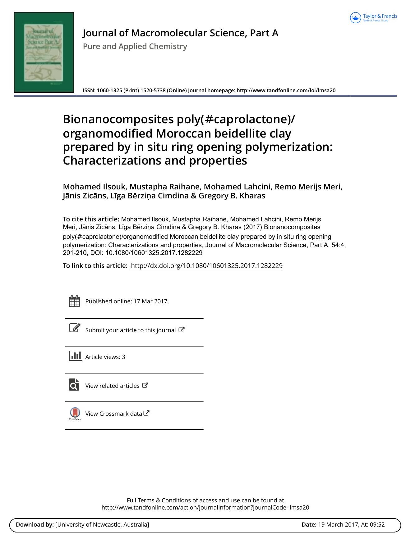 Bionanocomposites poly\(Îµ-caprolactone\)organomodified Moroccan beidellite clay prepared by in situ ring opening polymerization: Characterizations and properties by unknow