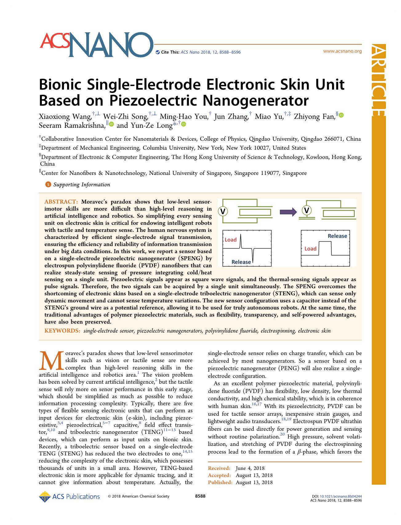 Bionic Single-Electrode Electronic Skin Unit Based on Piezoelectric Nanogenerator by unknow