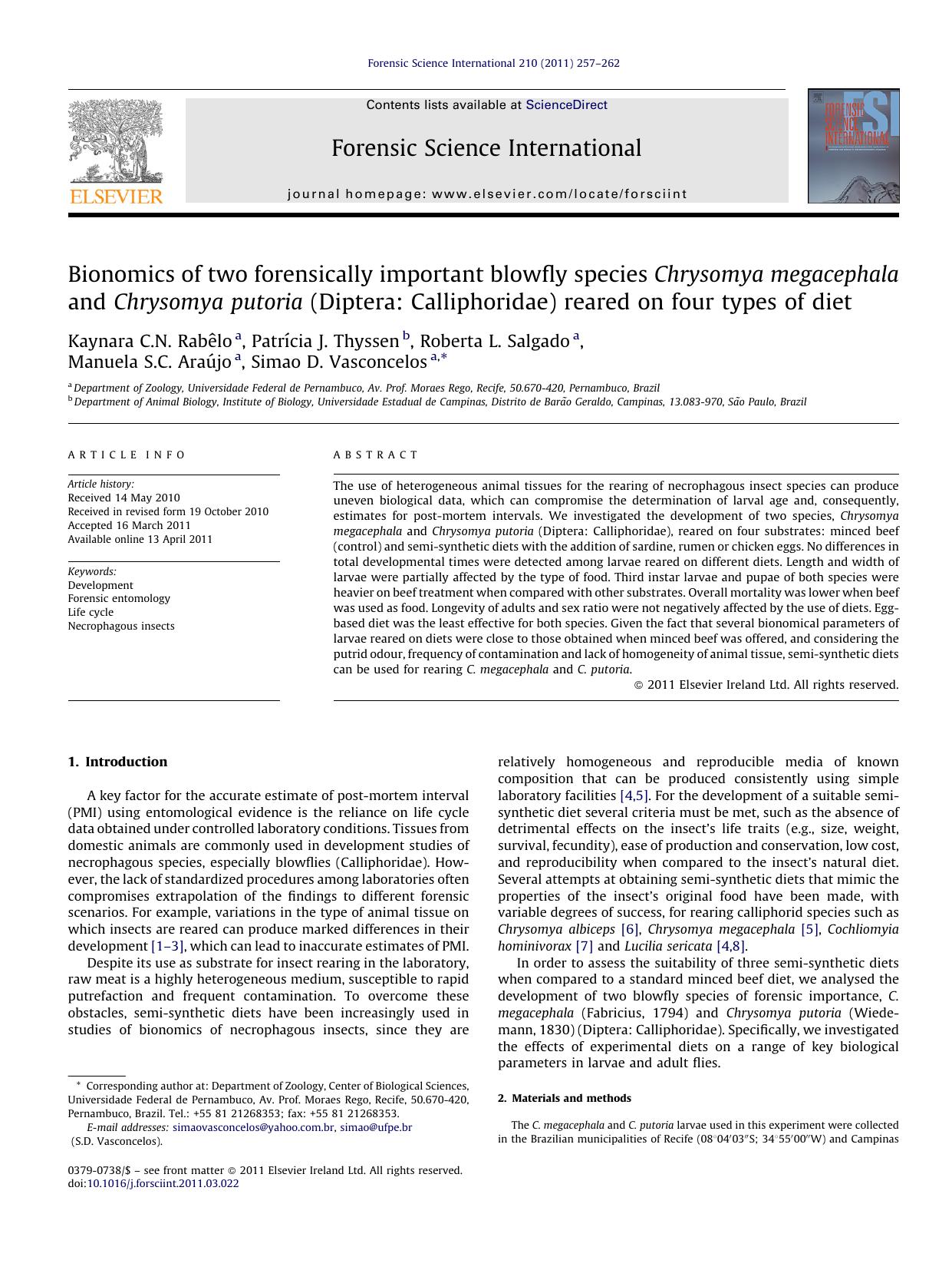 Bionomics of two forensically important blowfly species Chrysomya megacephala and Chrysomya putoria (Diptera: Calliphoridae) reared on four types of diet by Kaynara C.N. RabÃªlo