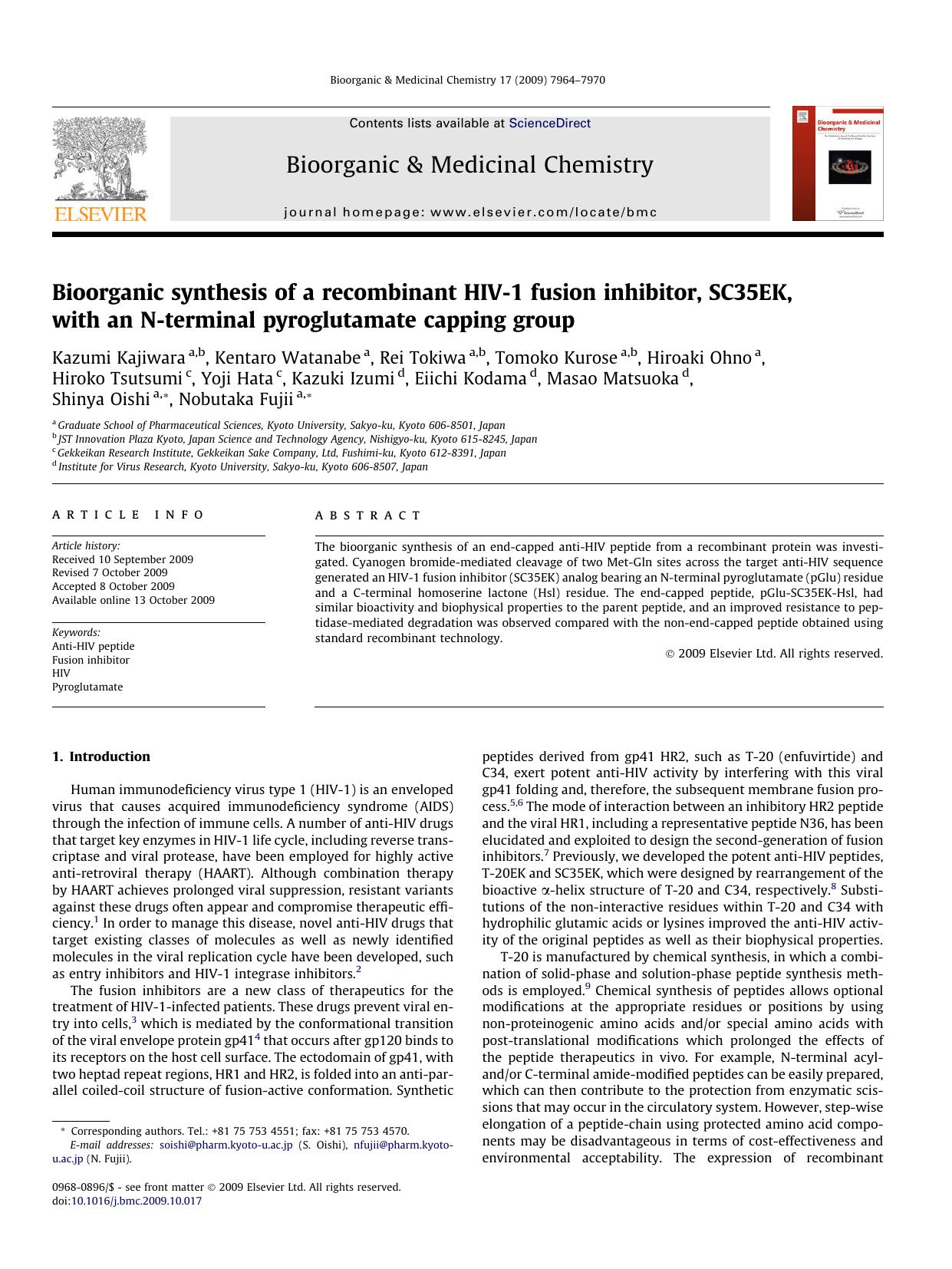 Bioorganic synthesis of a recombinant HIV-1 fusion inhibitor, SC35EK, with an N-terminal pyroglutamate capping group by unknow