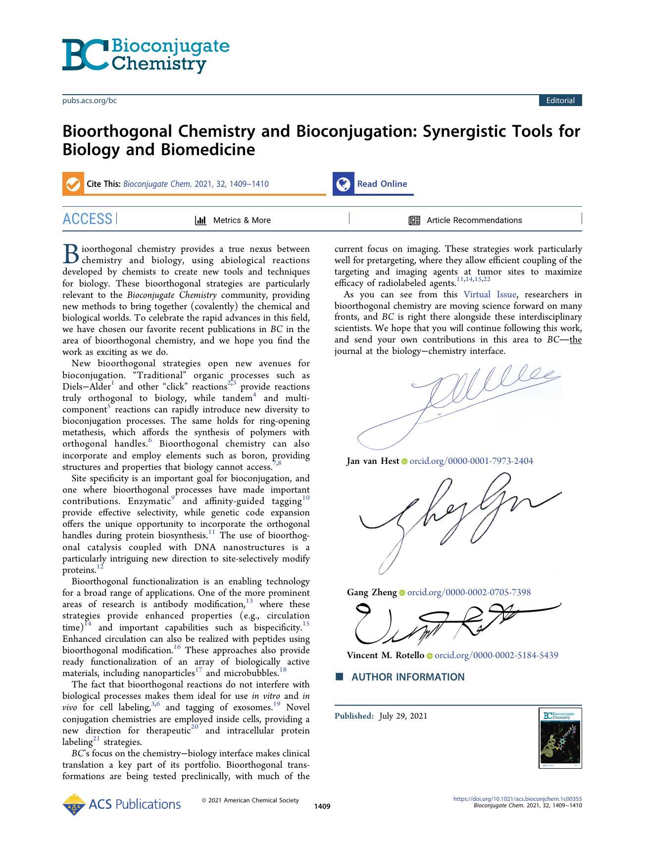 Bioorthogonal Chemistry and Bioconjugation: Synergistic Tools for Biology and Biomedicine by Jan van Hest Gang Zheng and Vincent M. Rotello