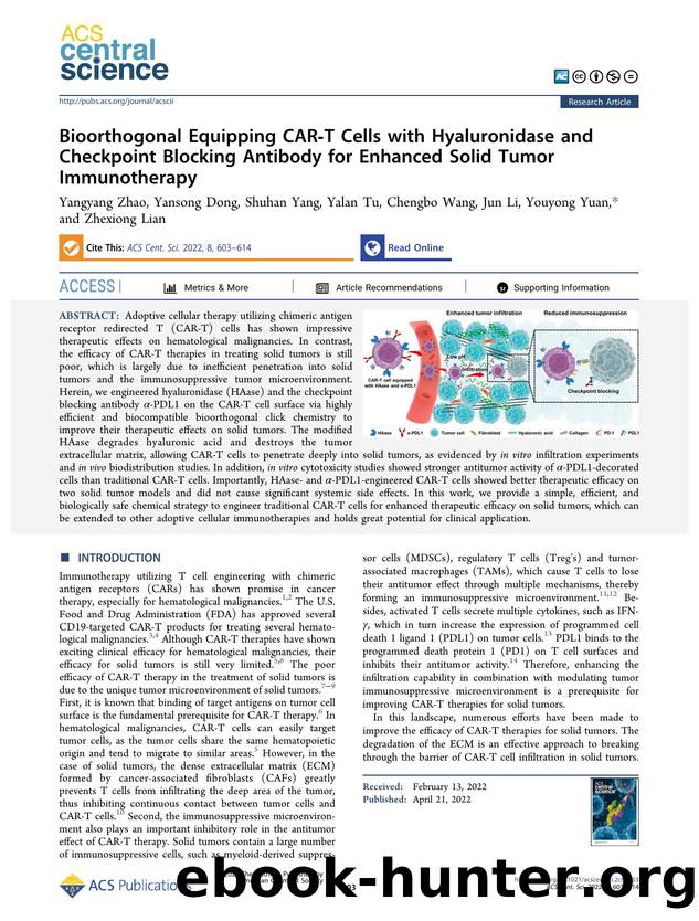 Bioorthogonal Equipping CARâT Cells with Hyaluronidase and Checkpoint Blocking Antibody for Enhanced Solid Tumor Immunotherapy by unknow