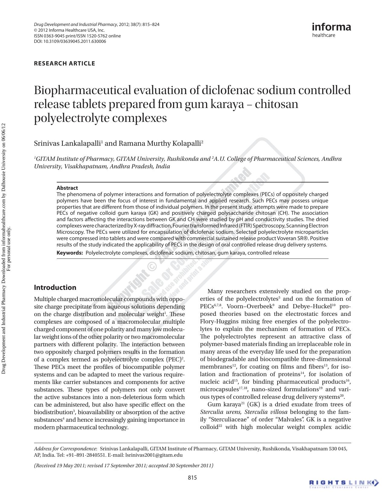 Biopharmaceutical evaluation of diclofenac sodium controlled release tablets prepared from gum karaya â chitosan polyelectrolyte complexes by Srinivas Lankalapalli & Ramana Murthy Kolapalli