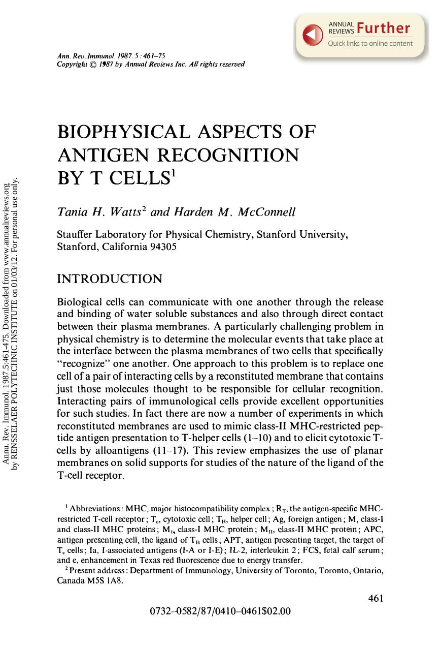 Biophysical Aspects of Antigen Recognition by T Cells by T H Watts & H M McConnell