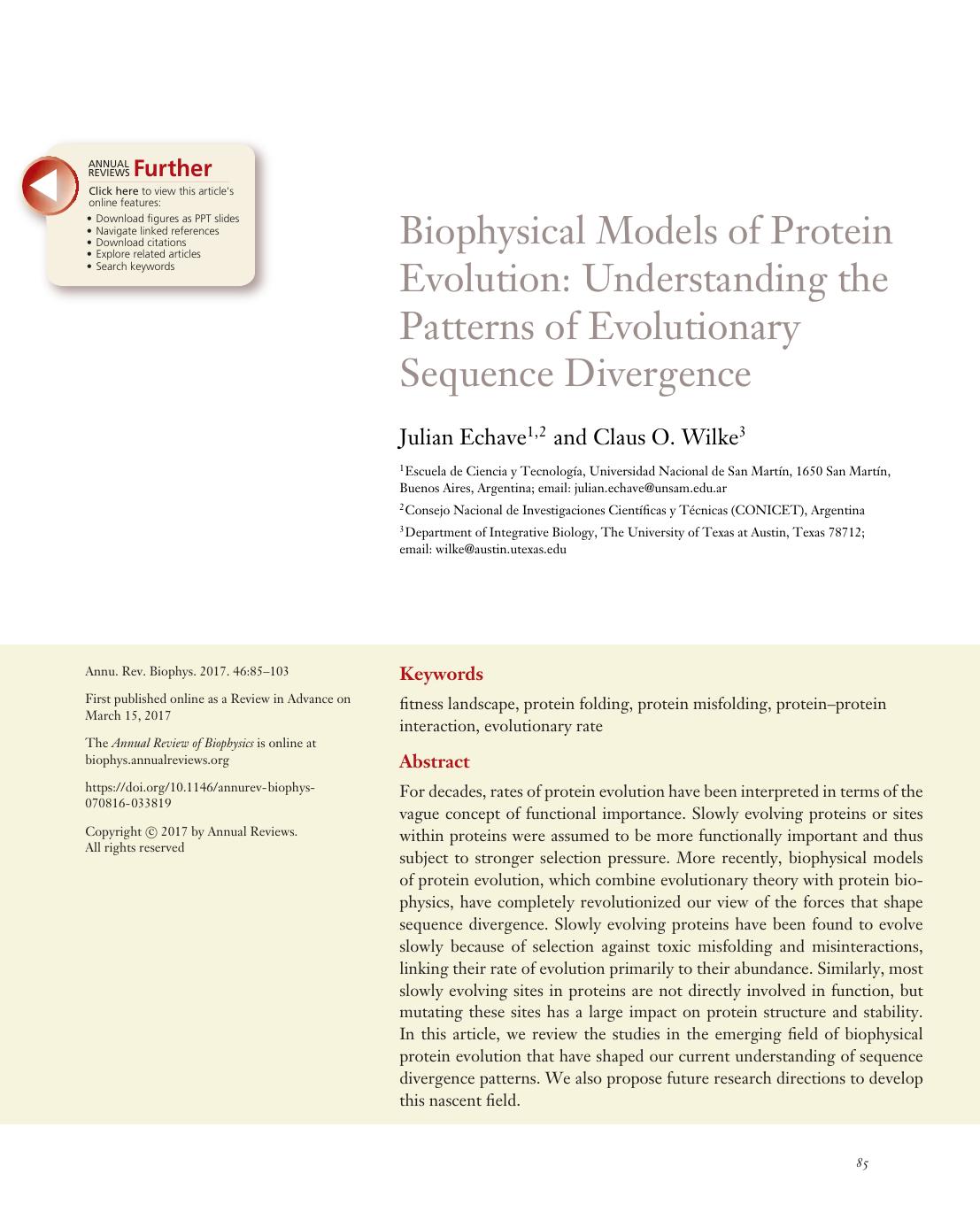 Biophysical Models of Protein Evolution: Understanding the Patterns of Evolutionary Sequence Divergence by Julian Echave and Claus O. Wilke