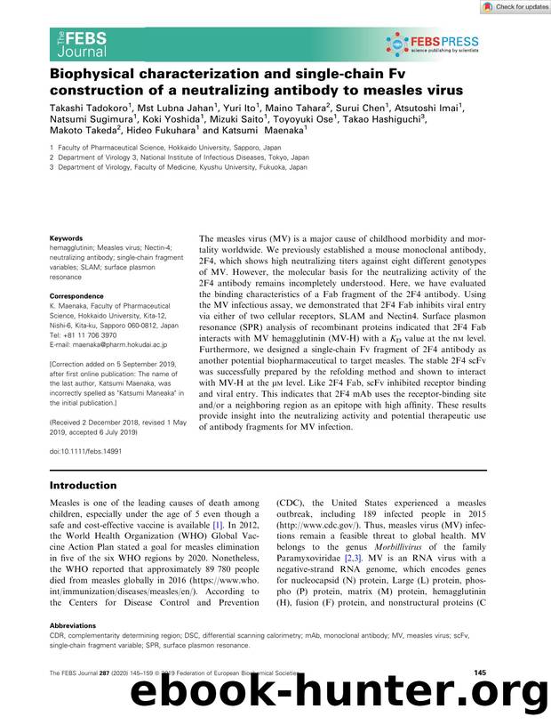 Biophysical characterization and singleâchain Fv construction of a neutralizing antibody to measles virus by Unknown