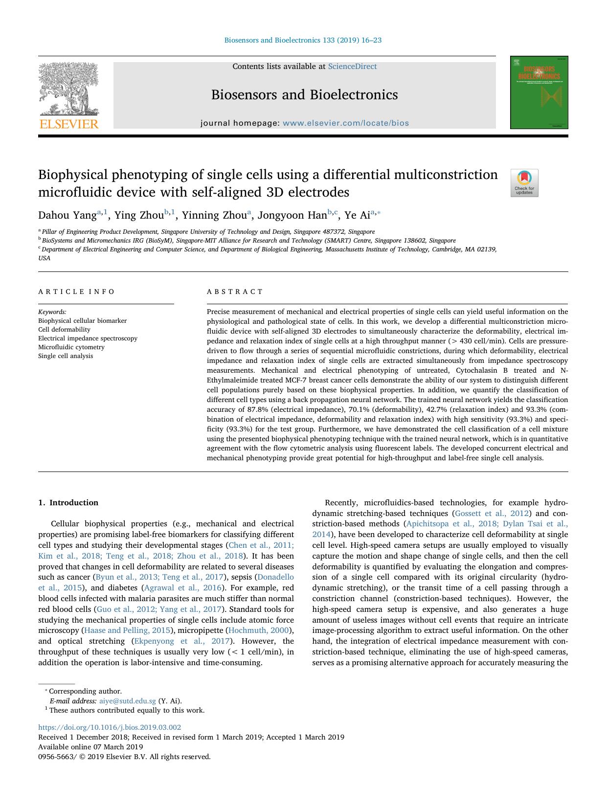 Biophysical phenotyping of single cells using a differential multiconstriction microfluidic device with self-aligned 3D electrodes by Dahou Yang & Ying Zhou & Yinning Zhou & Jongyoon Han & Ye Ai