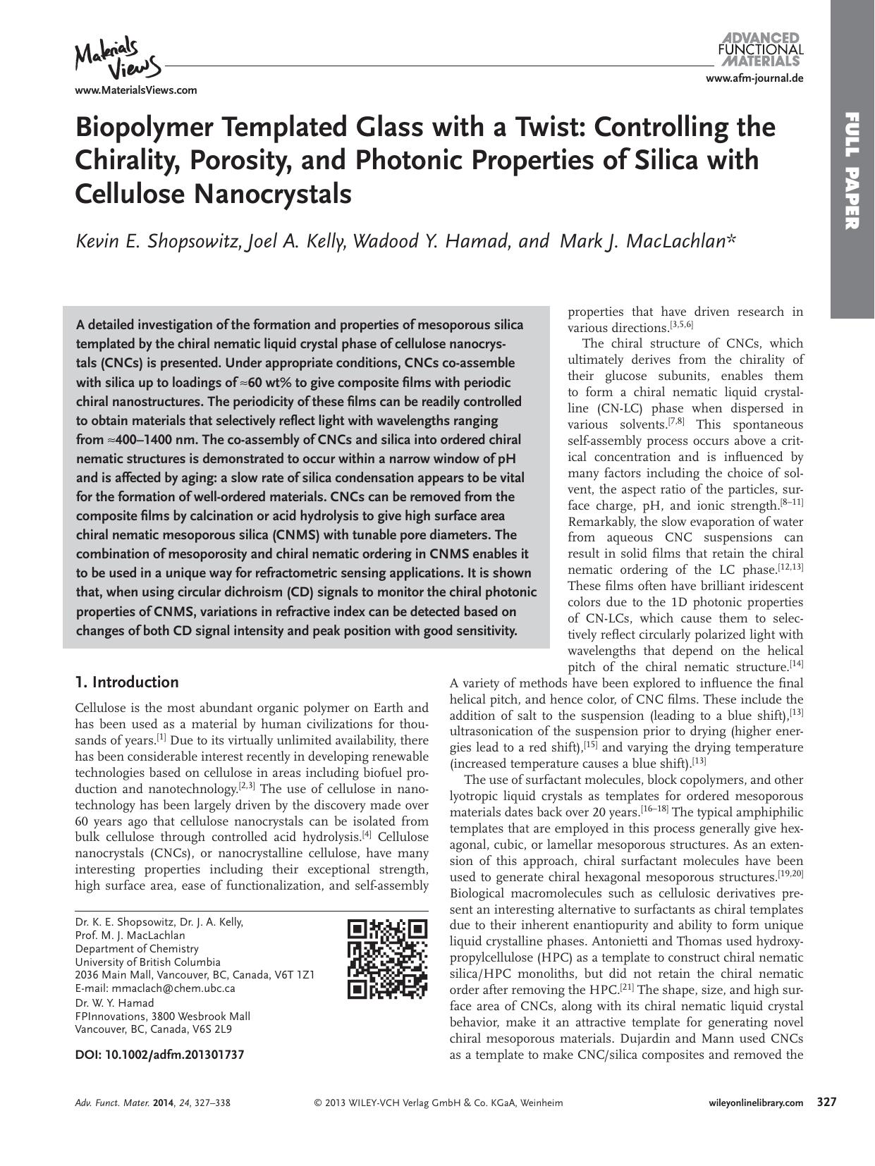 Biopolymer Templated Glass with a Twist: Controlling the Chirality, Porosity, and Photonic Properties of Silica with Cellulose Nanocrystals by s-w-270