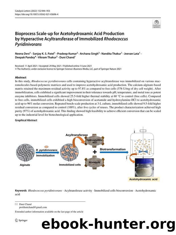 Bioprocess Scale-up for Acetohydroxamic Acid Production by Hyperactive Acyltransferase of Immobilized Rhodococcus Pyridinivorans by unknow