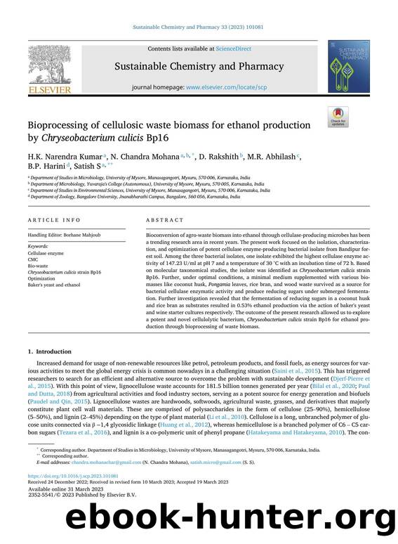 Bioprocessing of cellulosic waste biomass for ethanol production by Chryseobacterium culicis Bp16 by H.K. Narendra Kumar & N. Chandra Mohana & D. Rakshith & M.R. Abhilash & B.P. Harini & Satish S