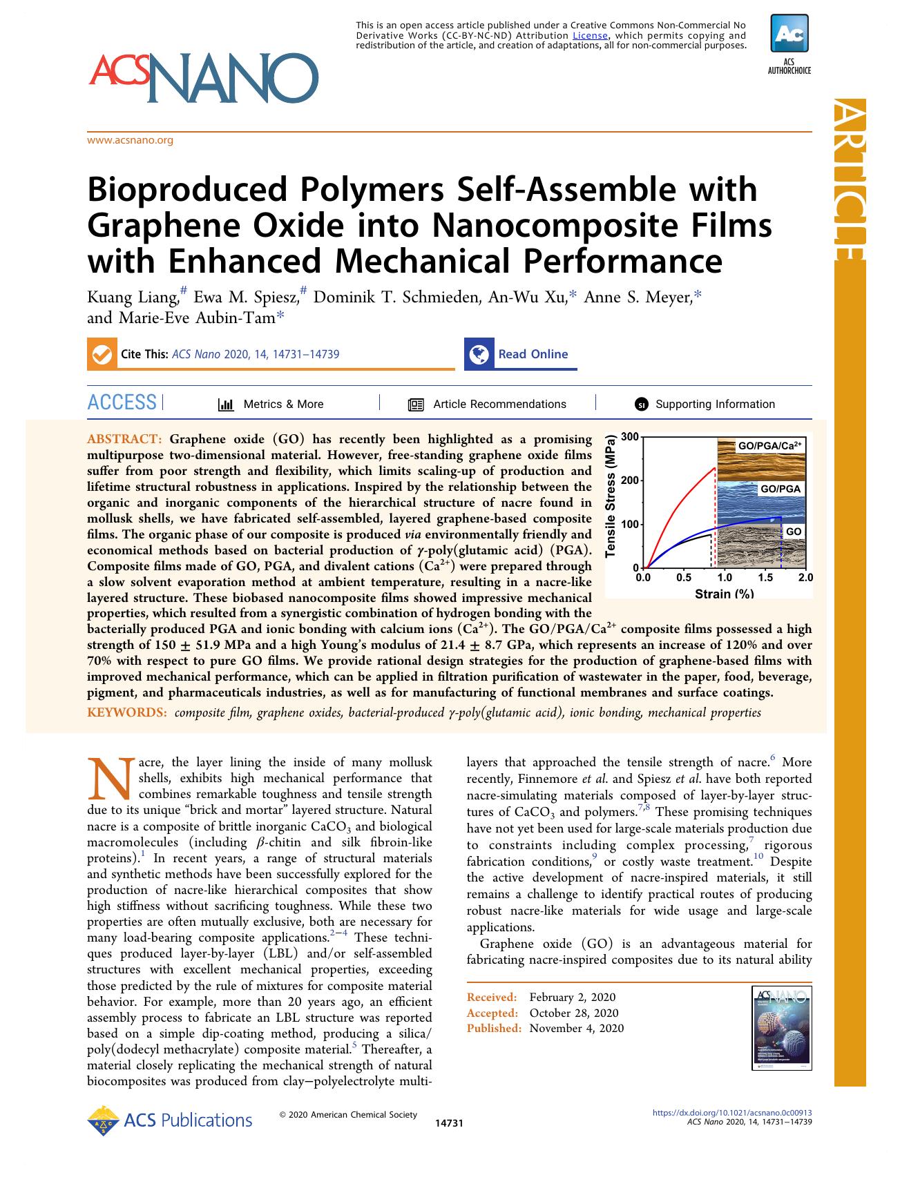Bioproduced Polymers Self-Assemble with Graphene Oxide into Nanocomposite Films with Enhanced Mechanical Performance by Kuang Liang Ewa M. Spiesz Dominik T. Schmieden An-Wu Xu Anne S. Meyer and Marie-Eve Aubin-Tam