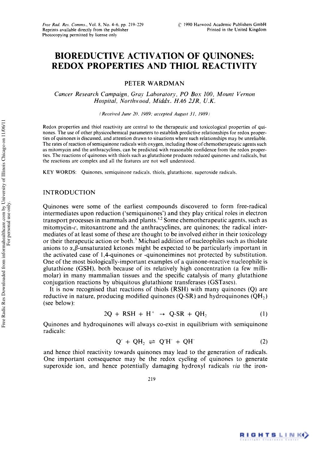 Bioreductive Activation of Quinones: Redox Properties and Thiol Reactivity by Peter Wardman