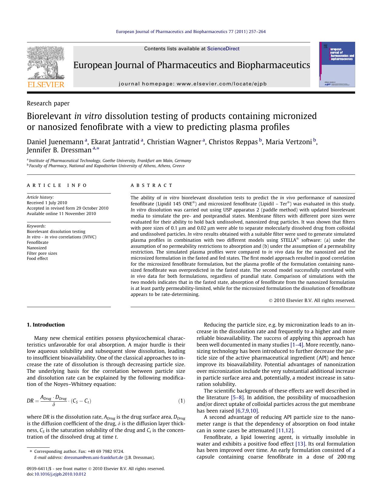 Biorelevant in vitro dissolution testing of products containing micronized or nanosized fenofibrate with a view to predicting plasma profiles by unknow