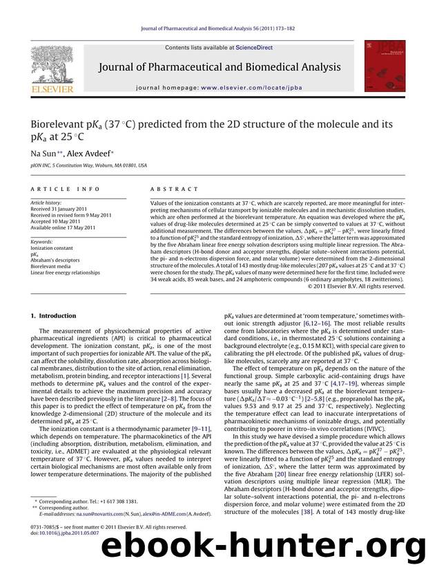 Biorelevant pKa (37ÃÂ°C) predicted from the 2D structure of the molecule and its pKa at 25ÃÂ°C by Na Sun