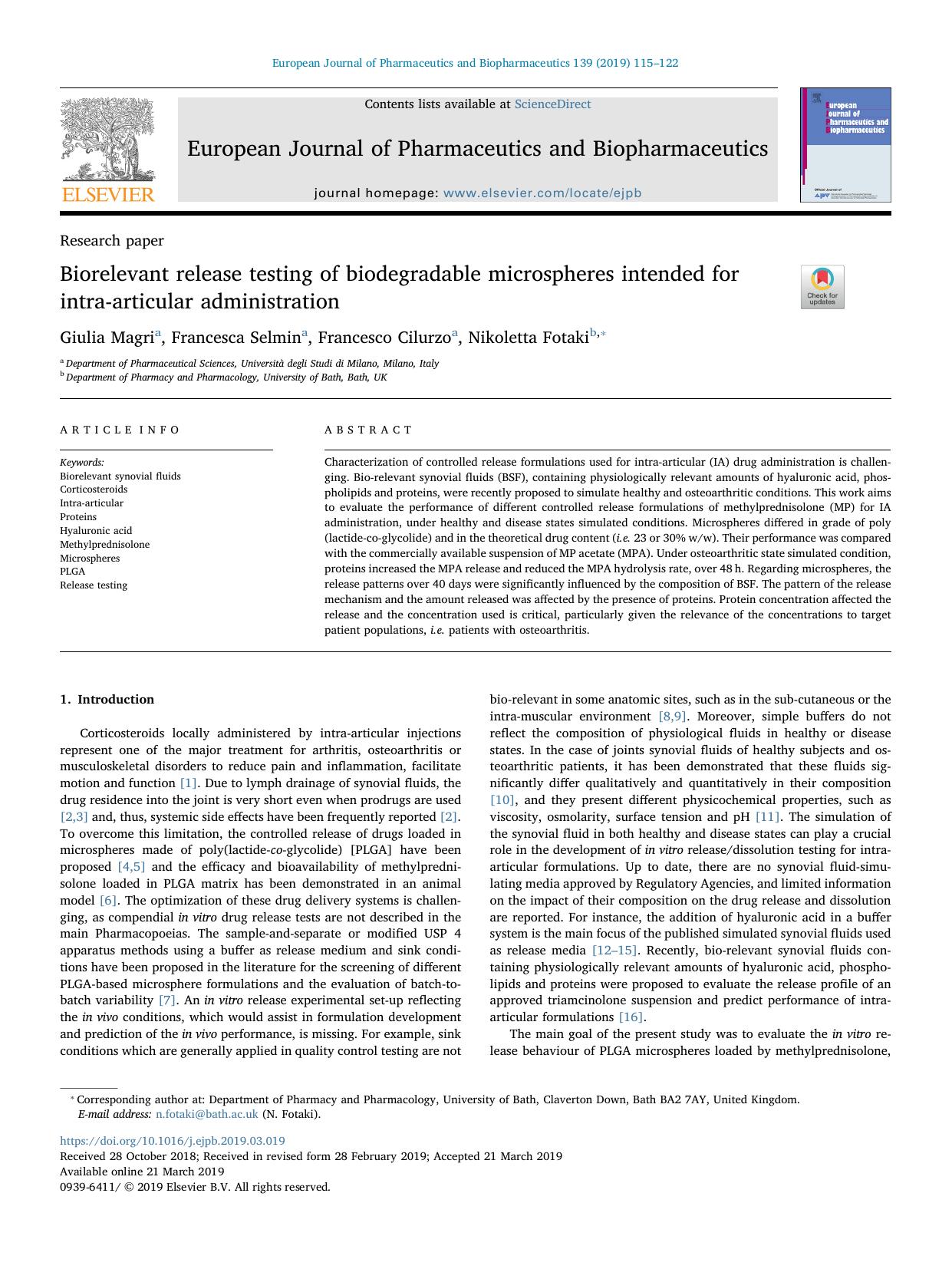 Biorelevant release testing of biodegradable microspheres intended for intra-articular administration by Giulia Magri & Francesca Selmin & Francesco Cilurzo & Nikoletta Fotaki