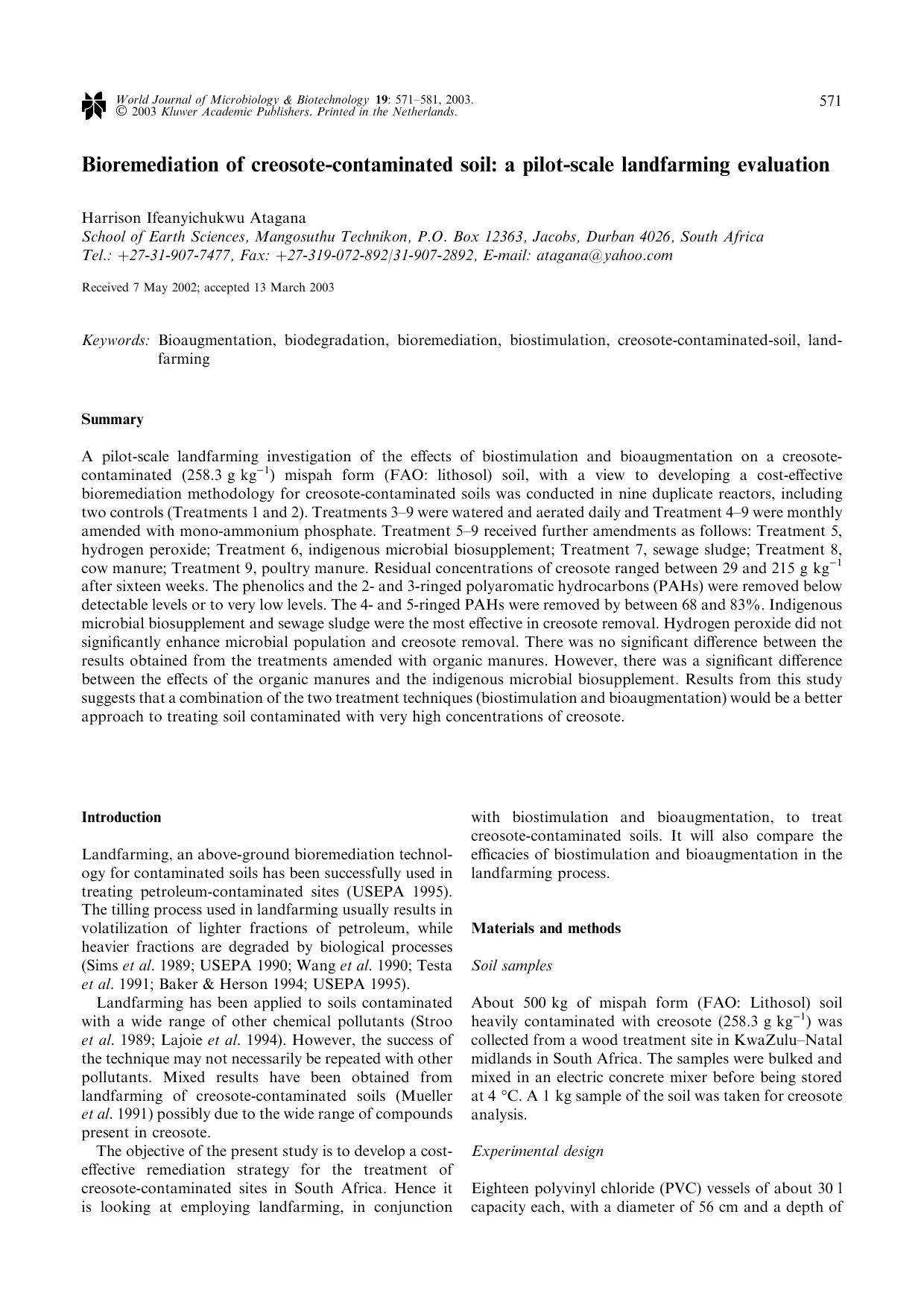 Bioremediation of creosote-contaminated soil: a pilot-scale landfarming evaluation by Unknown