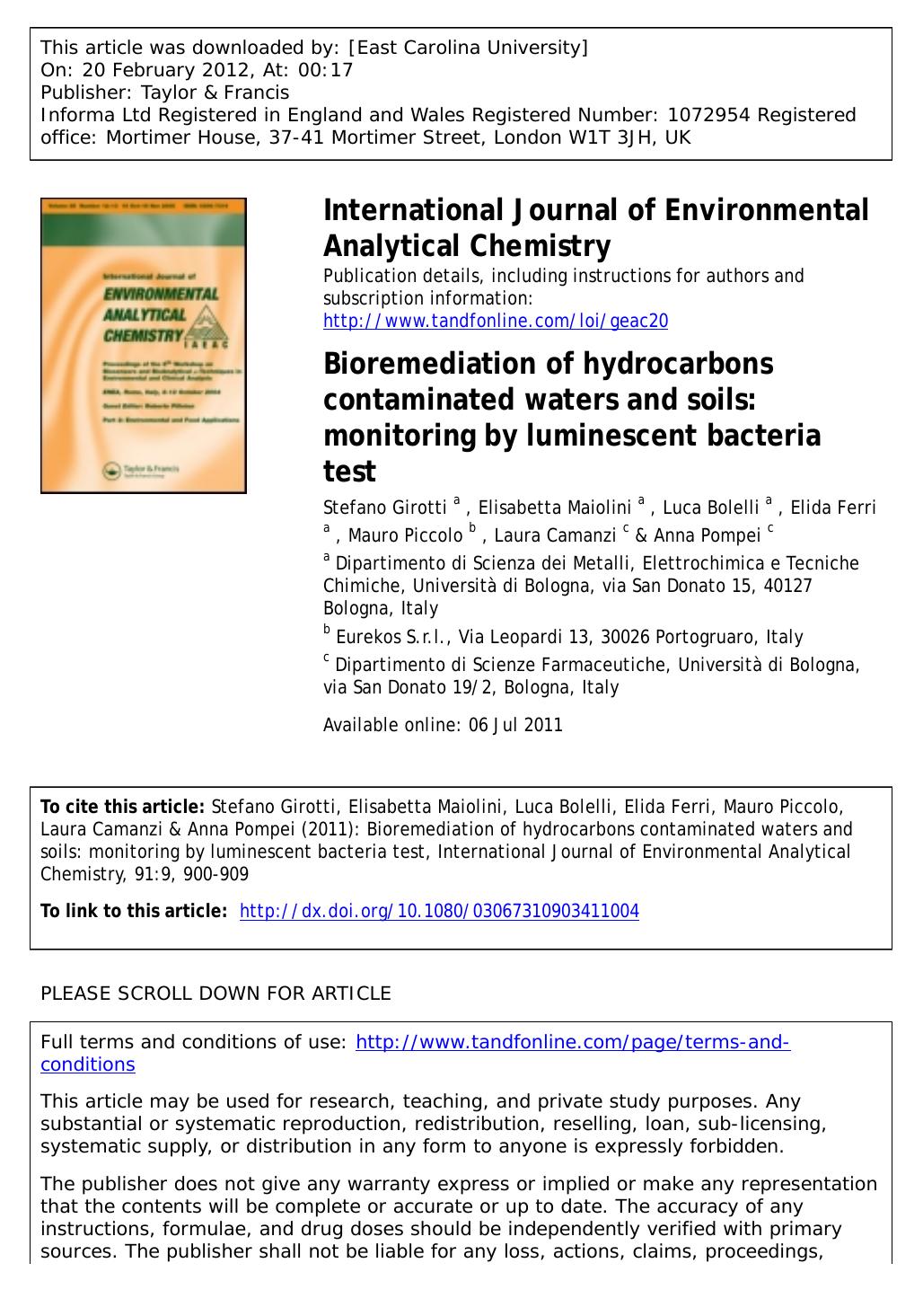 Bioremediation of hydrocarbons contaminated waters and soils: monitoring by luminescent bacteria test by unknow