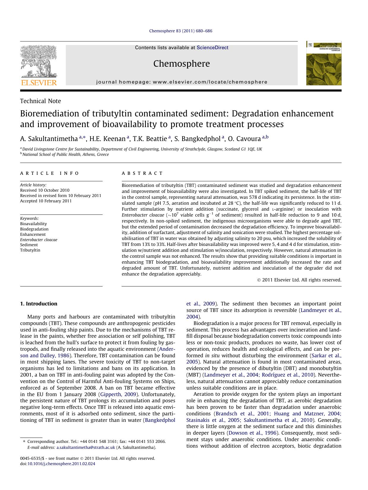 Bioremediation of tributyltin contaminated sediment: Degradation enhancement and improvement of bioavailability to promote treatment processes by A. Sakultantimetha & H.E. Keenan & T.K. Beattie & S. Bangkedphol & O. Cavoura