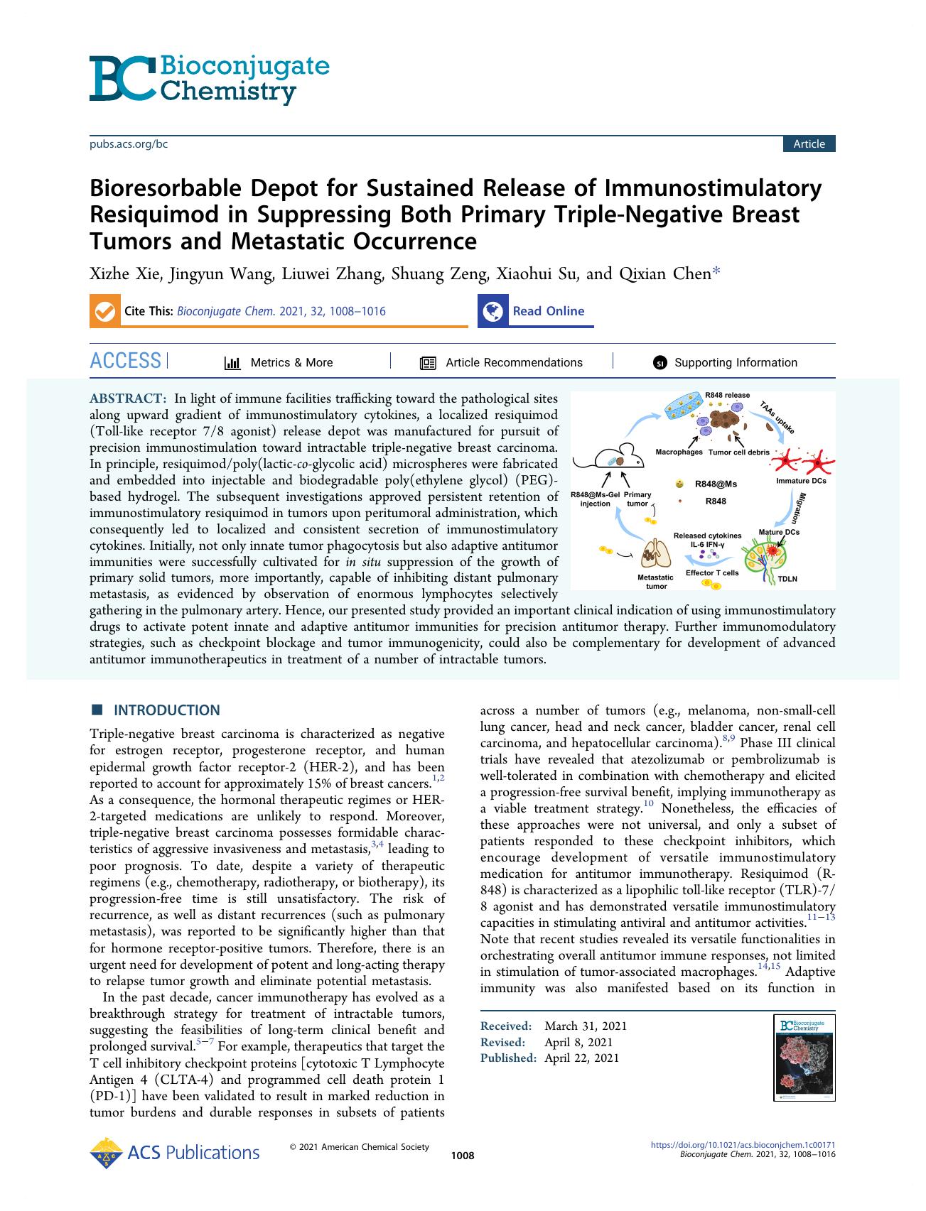 Bioresorbable Depot for Sustained Release of Immunostimulatory Resiquimod in Suppressing Both Primary Triple-Negative Breast Tumors and Metastatic Occurrence by Xizhe Xie Jingyun Wang Liuwei Zhang Shuang Zeng Xiaohui Su and Qixian Chen
