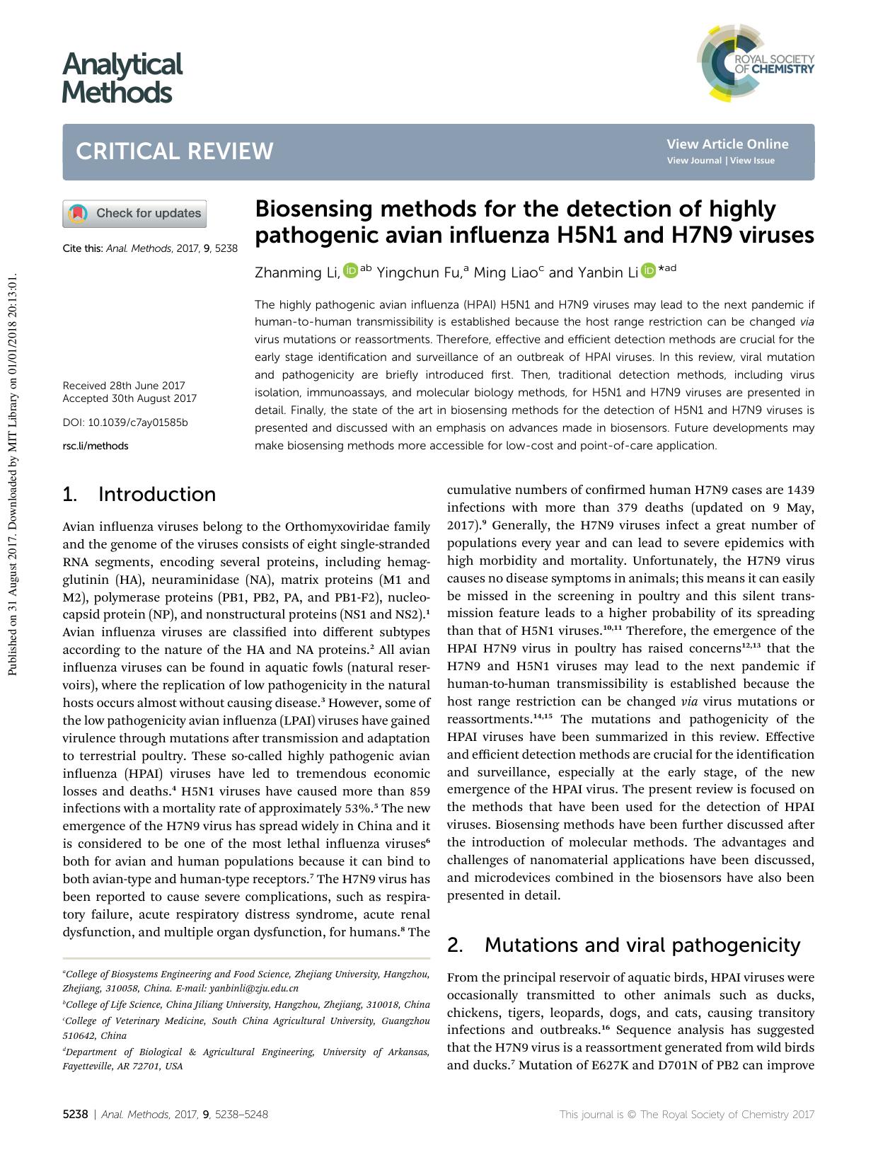 Biosensing methods for the detection of highly pathogenic avian influenza H5N1 and H7N9 viruses by Zhanming Li & Yingchun Fu & Ming Liao & Yanbin Li