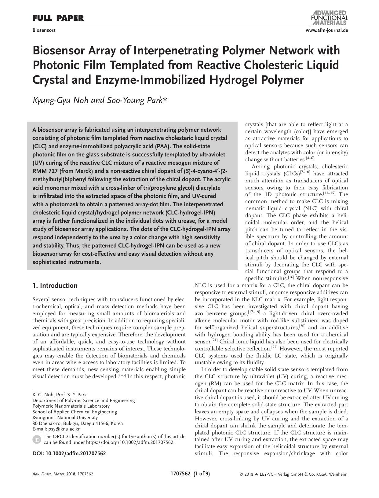 Biosensor Array of Interpenetrating Polymer Network with Photonic Film Templated from Reactive Cholesteric Liquid Crystal and Enzyme‐Immobilized Hydrogel Polymer by Unknown
