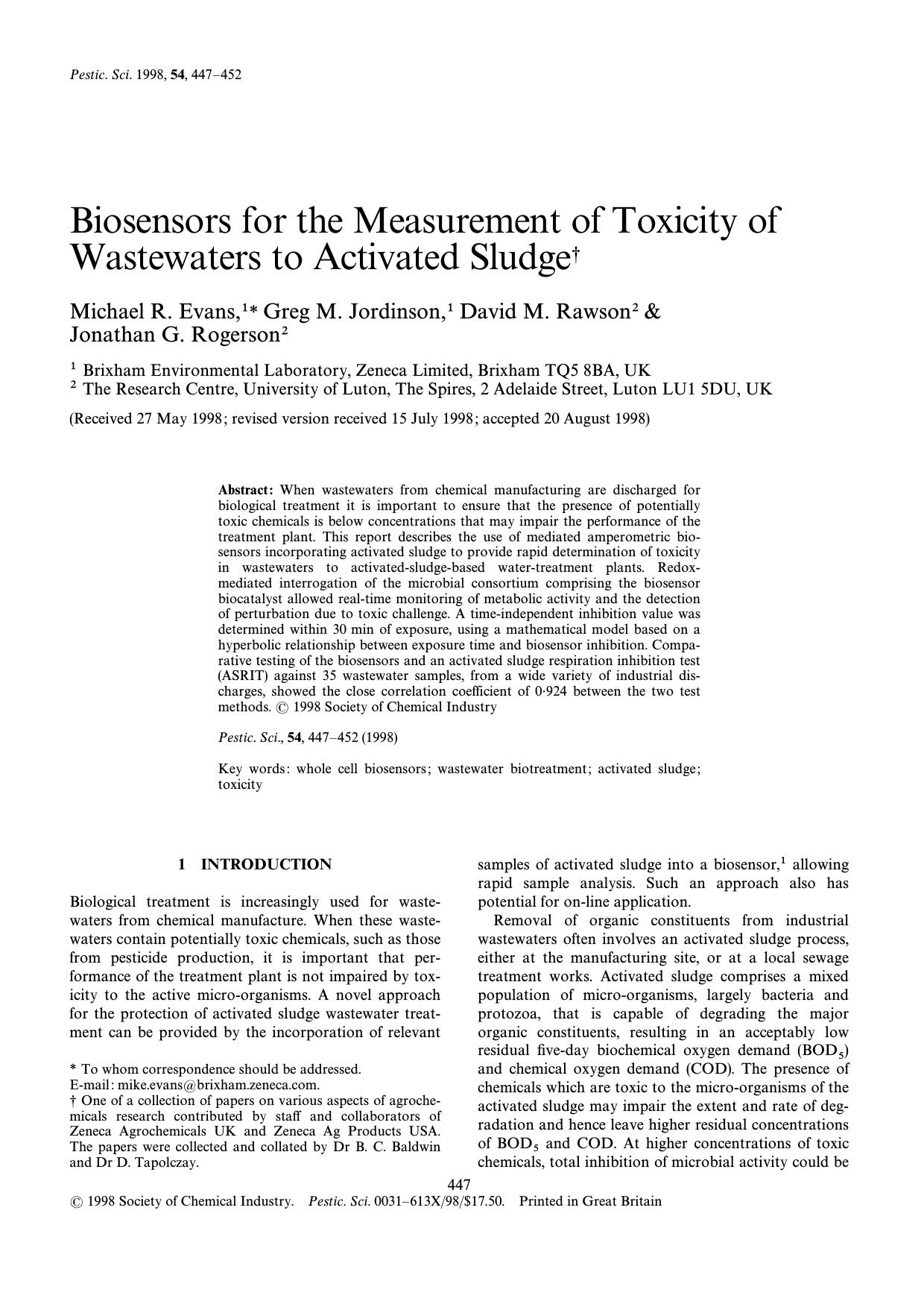 Biosensors for the measurement of toxicity of wastewaters to activated sludge by Unknown