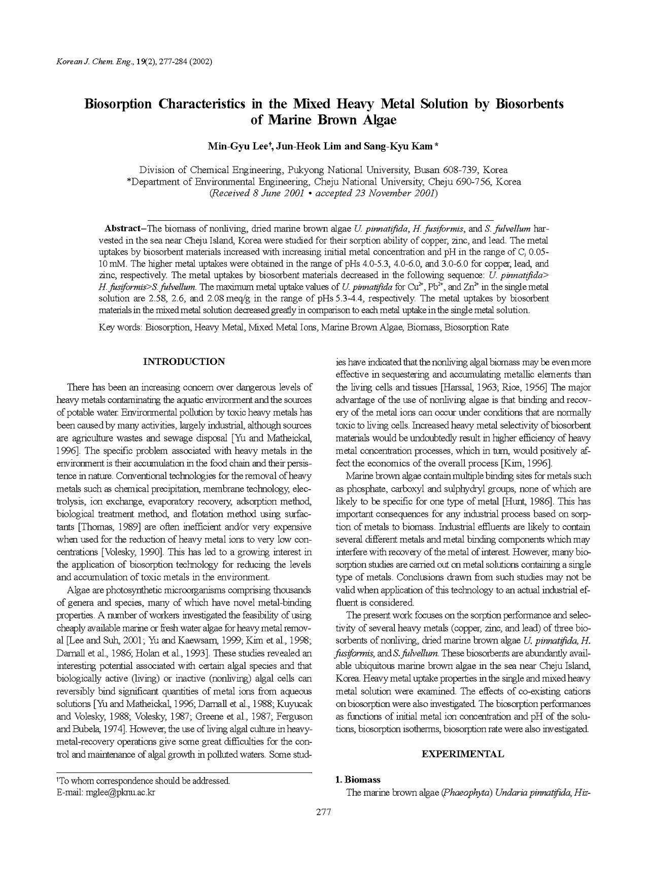 Biosorption Characteristics in the Mixed Heavy Metal Solution by Biosorbents of Marine Brown Algae by Unknown