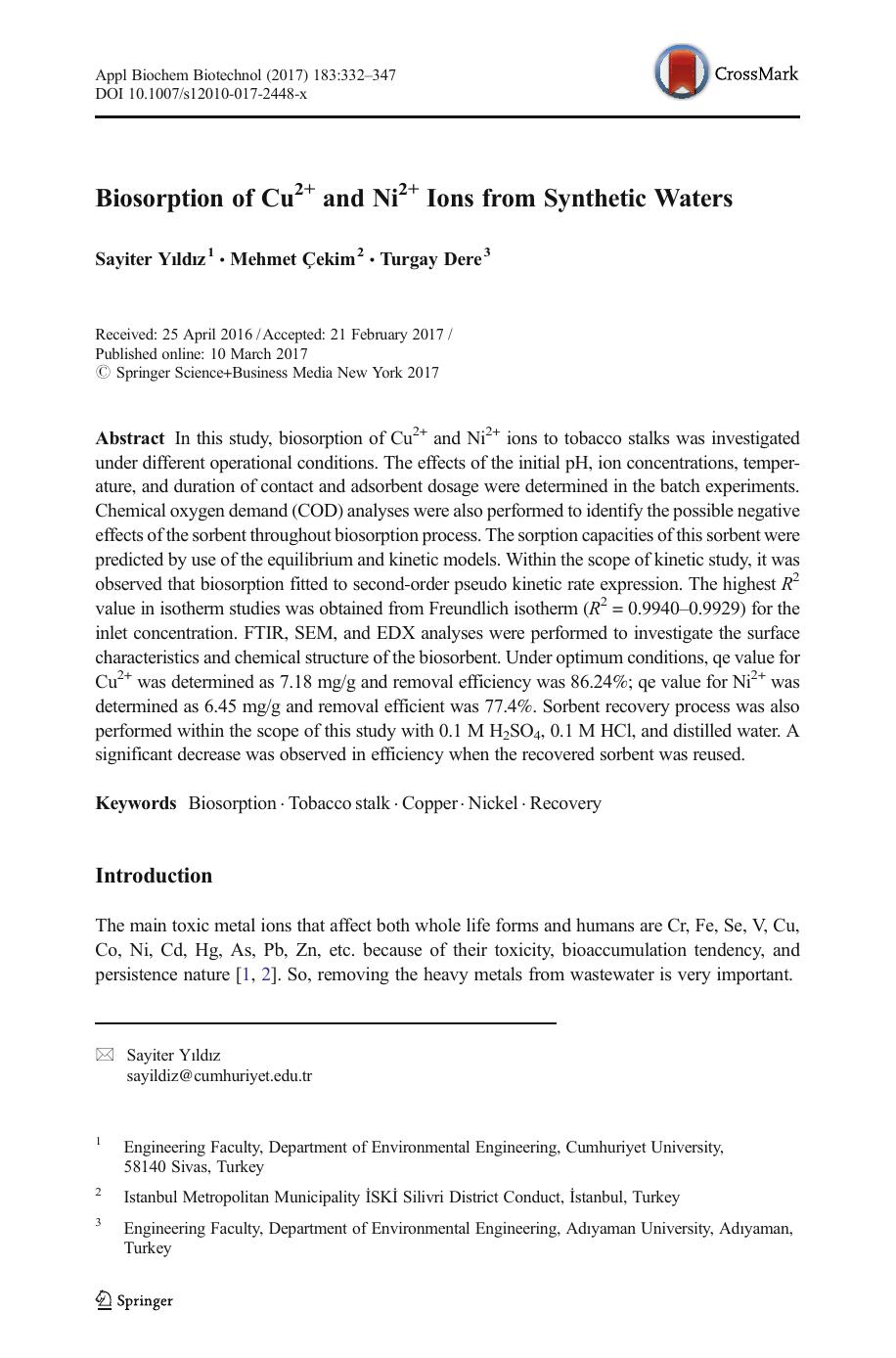 Biosorption of Cu2+ and Ni2+ Ions from Synthetic Waters by Sayiter Yıldız & Mehmet Çekim & Turgay Dere