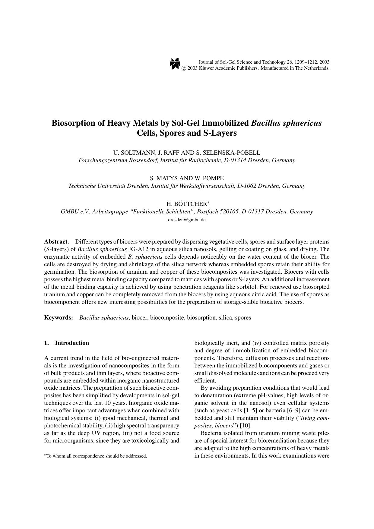 Biosorption of Heavy Metals by Sol-Gel Immobilized <Emphasis Type="Italic">Bacillus sphaericus<Emphasis> Cells, Spores and S-Layers by Unknown