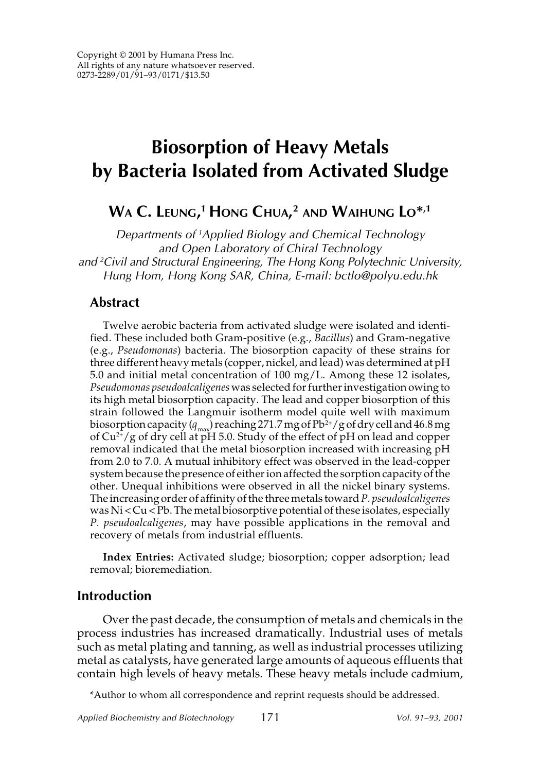 Biosorption of heavy metals by bacteria isolated from activated sludge by Unknown