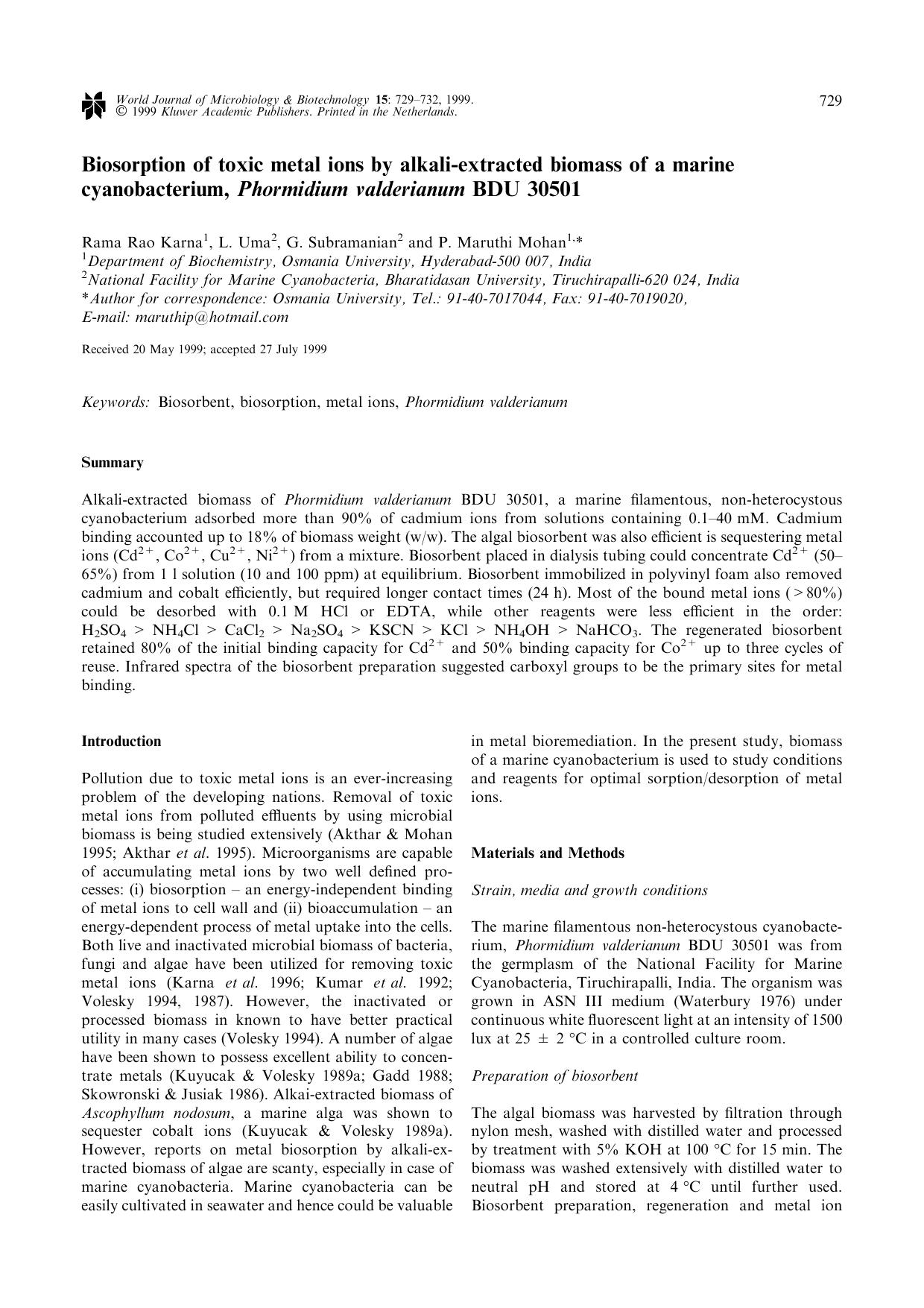 Biosorption of toxic metal ions by alkali-extracted biomass of a marine cyanobacterium, Phormidium valderianum BDU 30501 by Unknown