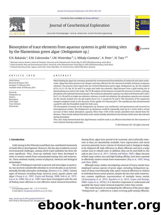 Biosorption of trace elements from aqueous systems in gold mining sites by the filamentous green algae (Oedogonium sp.) by E.N. Bakatula & E.M. Cukrowska & I.M. Weiersbye & L. Mihaly-Cozmuta & A. Peter & H. Tutu