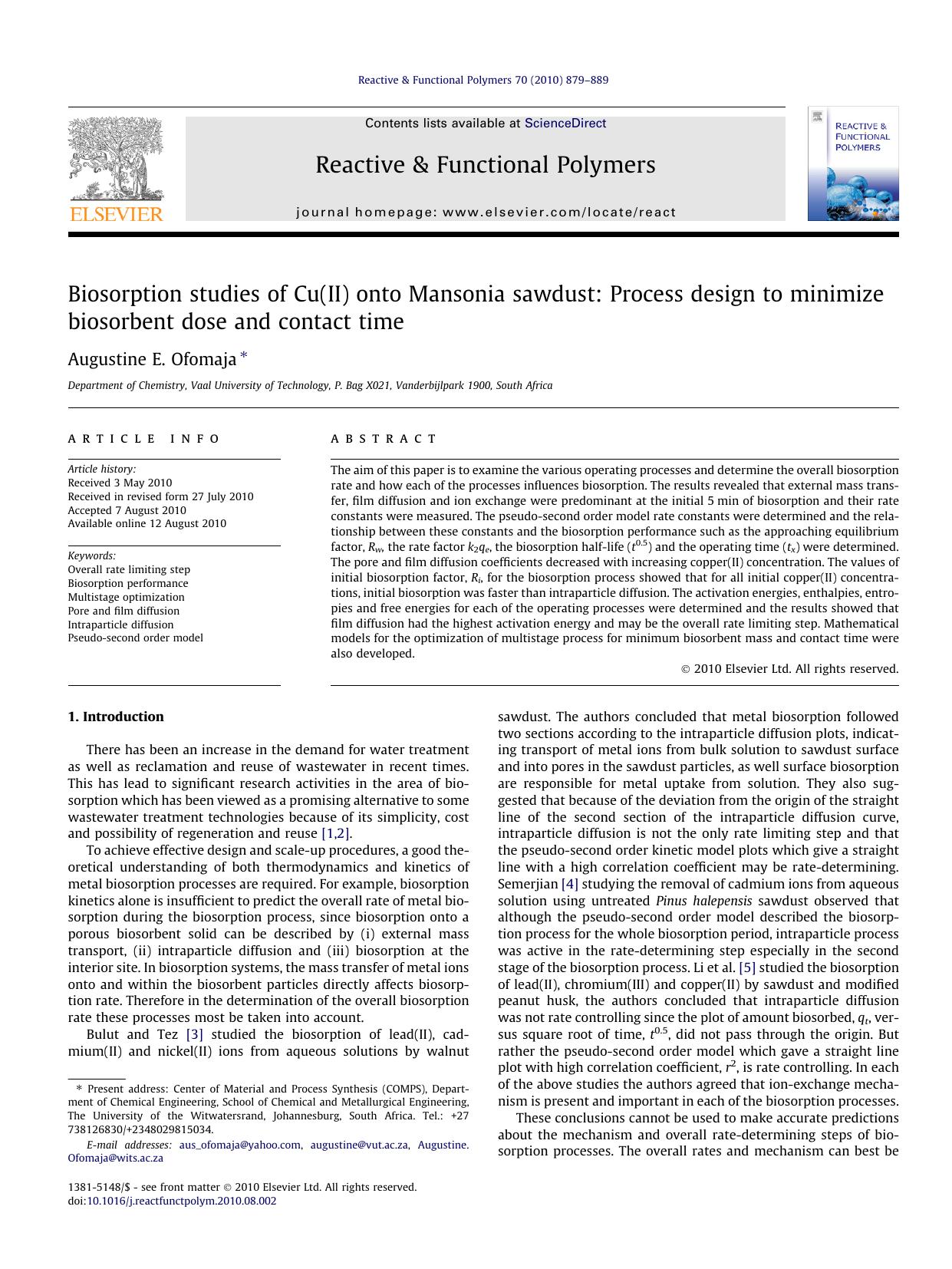 Biosorption studies of Cu(II) onto Mansonia sawdust: Process design to minimize biosorbent dose and contact time by Augustine E. Ofomaja