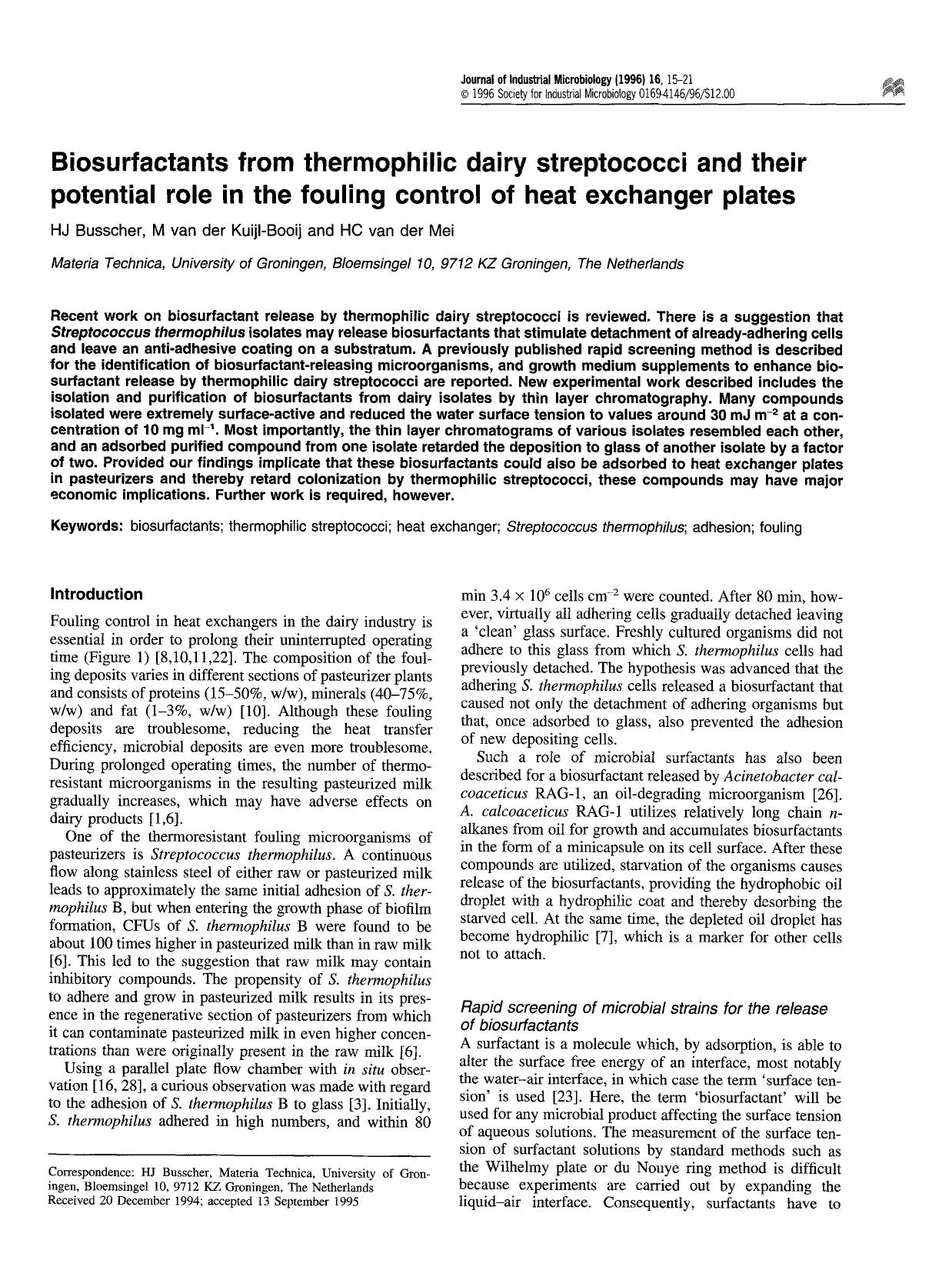 Biosurfactants from thermophilic dairy streptococci and their potential role in the fouling control of heat exchanger plates by Unknown