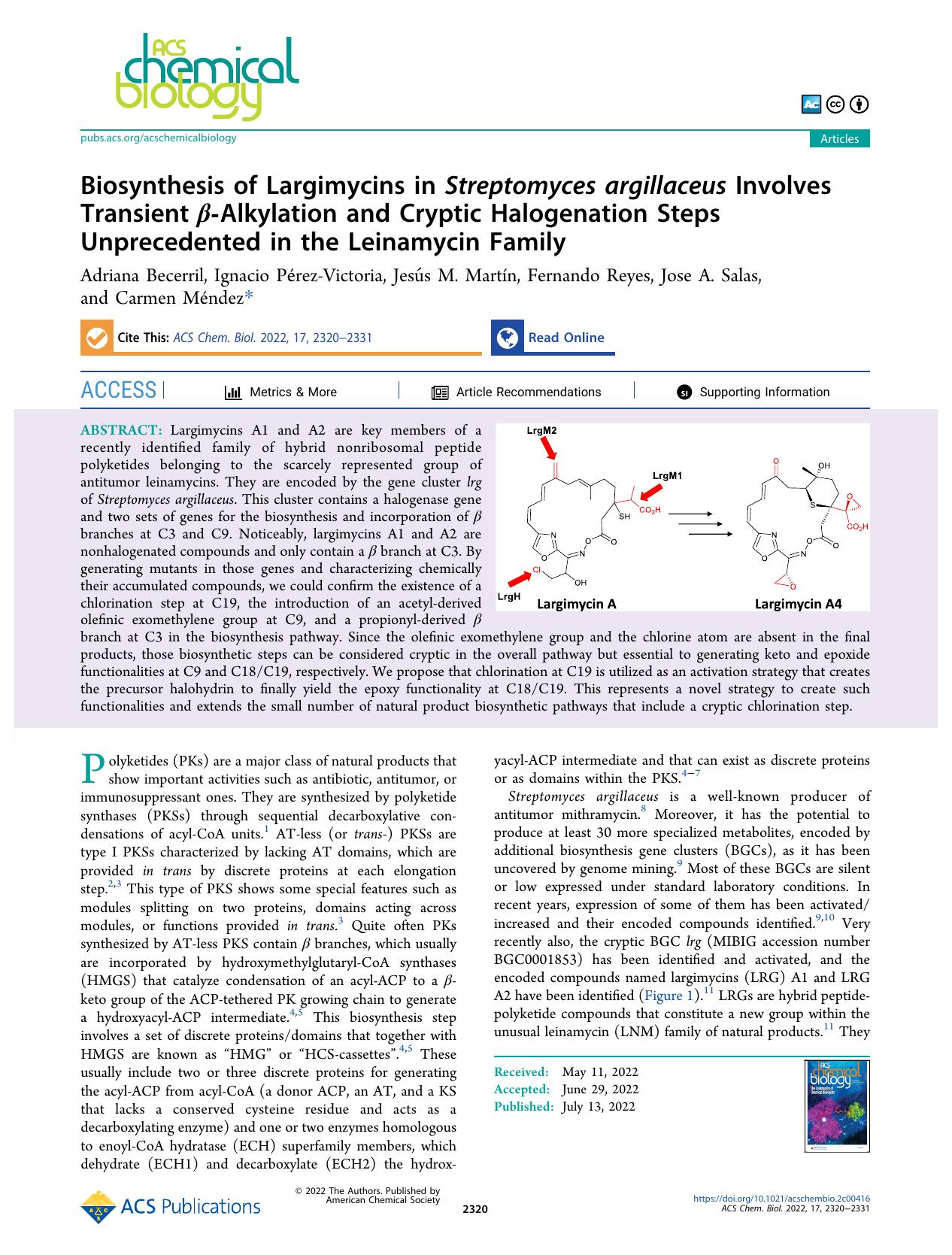 Biosynthesis of Largimycins in Streptomyces argillaceus Involves Transient Î²-Alkylation and Cryptic Halogenation Steps Unprecedented in the Leinamycin Family by unknow