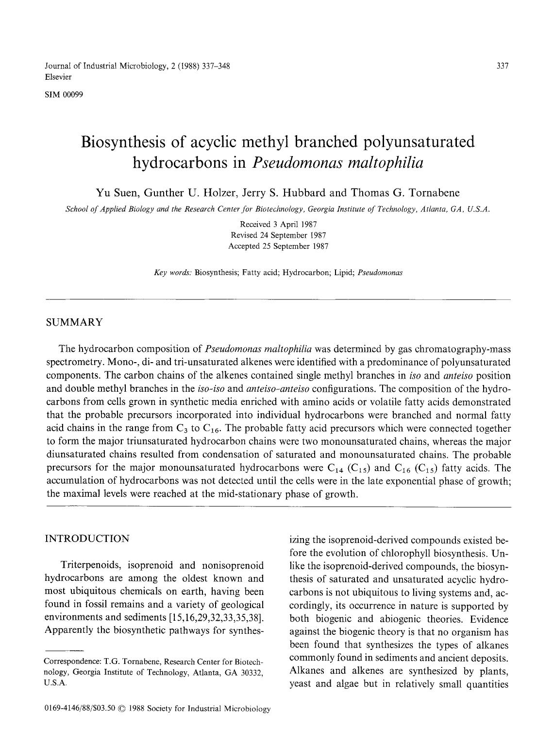 Biosynthesis of acyclic methyl branched polyunsaturated hydrocarbons in <Emphasis Type="Italic">Pseudomonas maltophilia <Emphasis> by Unknown