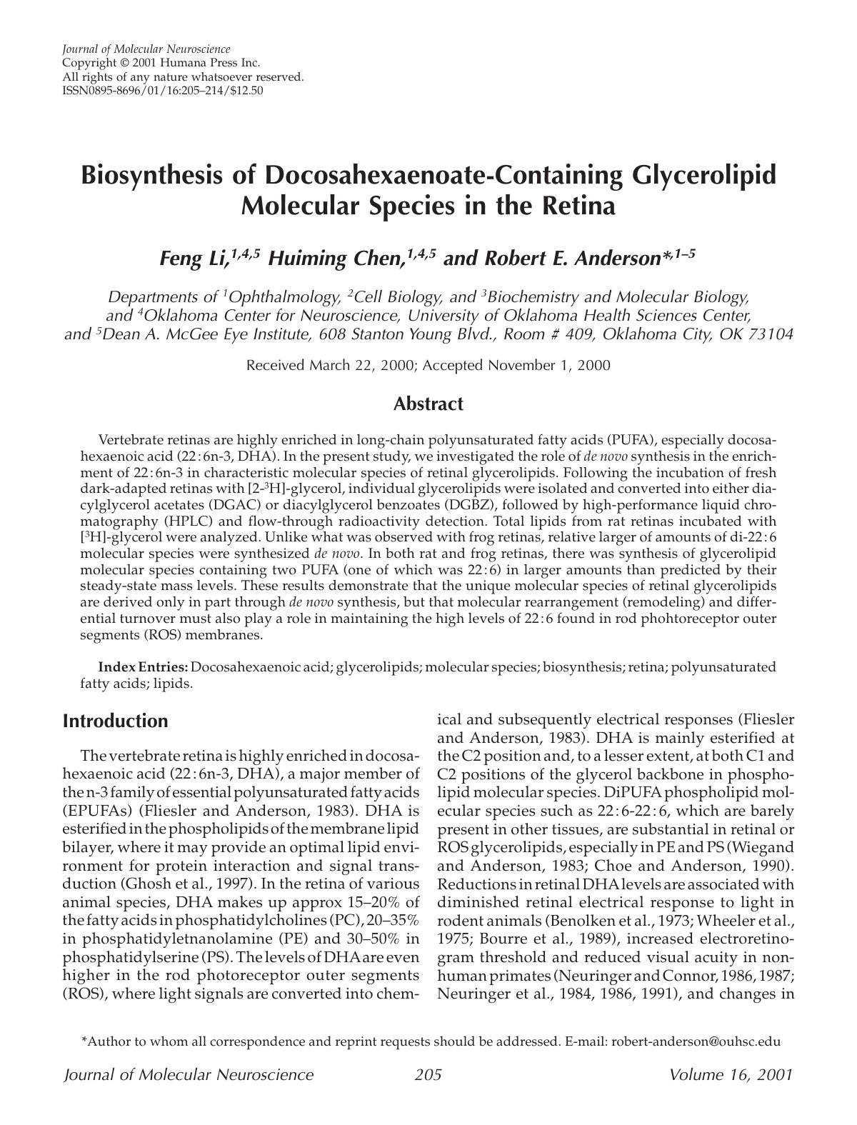 Biosynthesis of docosahexaenoate-containing glycerolipid molecular species in the retina by Unknown