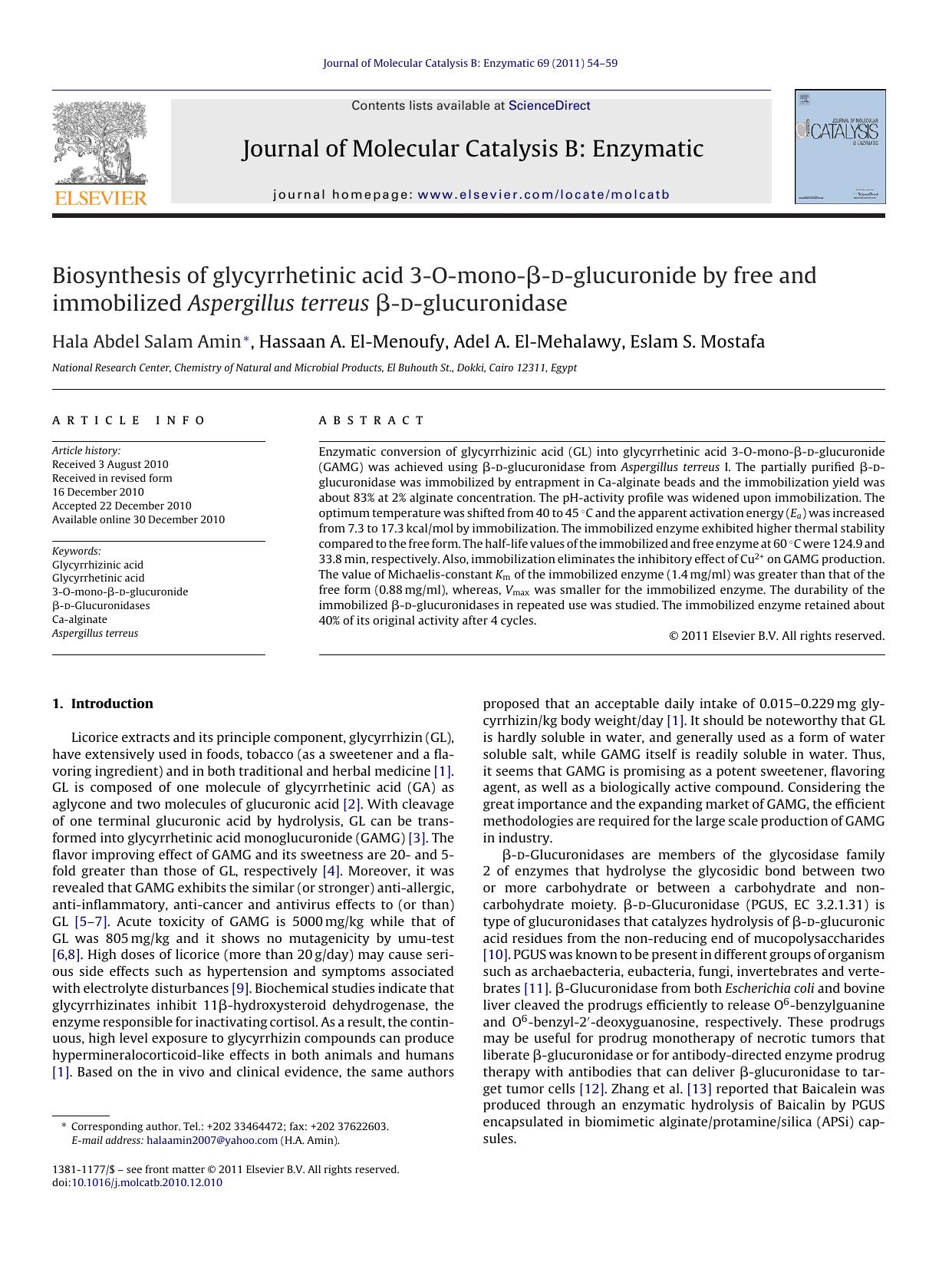 Biosynthesis of glycyrrhetinic acid 3-O-mono-ÃÂ²-d-glucuronide by free and immobilized Aspergillus terreus ÃÂ²-d-glucuronidase by Hala Abdel Salam Amin