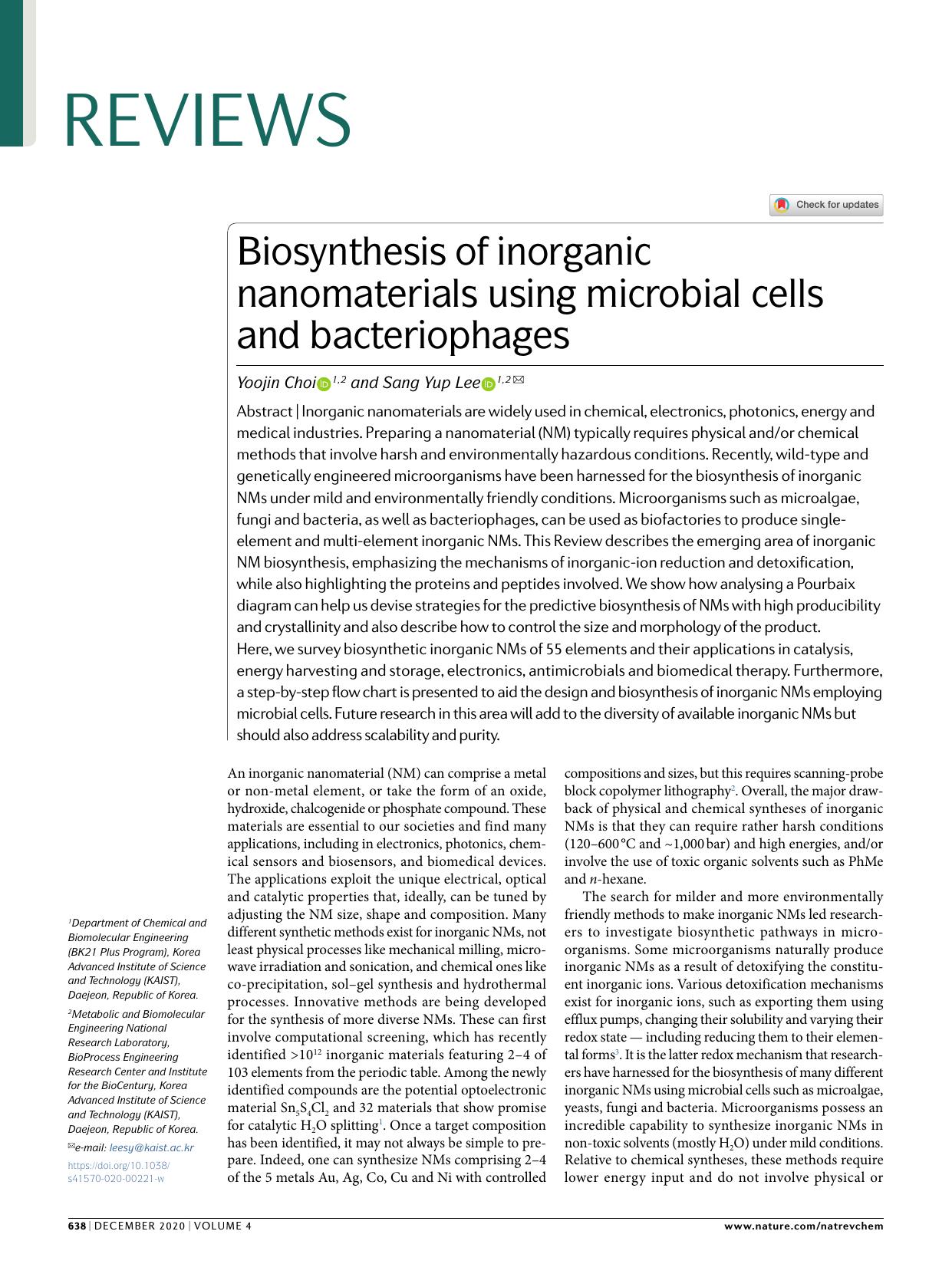 Biosynthesis of inorganic nanomaterials using microbial cells and bacteriophages by Yoojin Choi & Sang Yup Lee