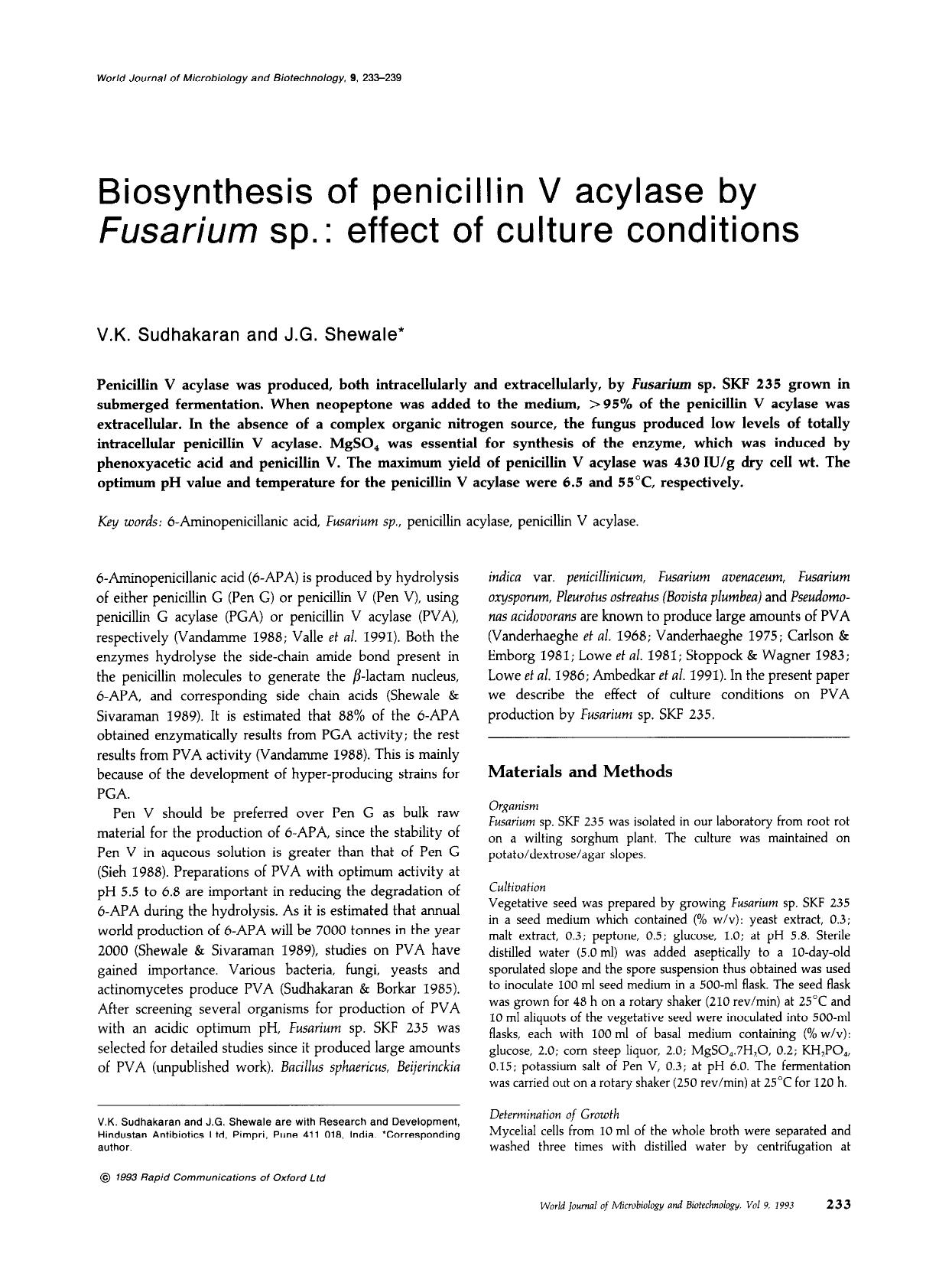 Biosynthesis of penicillin V acylase by <Emphasis Type="Italic">Fusarium<Emphasis> sp.: effect of culture conditions by Unknown