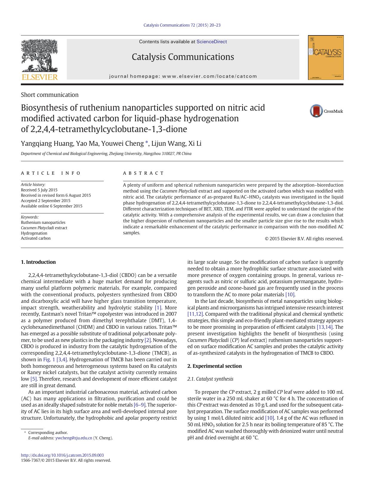 Biosynthesis of ruthenium nanoparticles supported on nitric acid modified activated carbon for liquid-phase hydrogenation of 2,2,4,4-tetramethylcyclobutane-1,3-dione by Yangqiang Huang & Yao Ma & Youwei Cheng & Lijun Wang & Xi Li