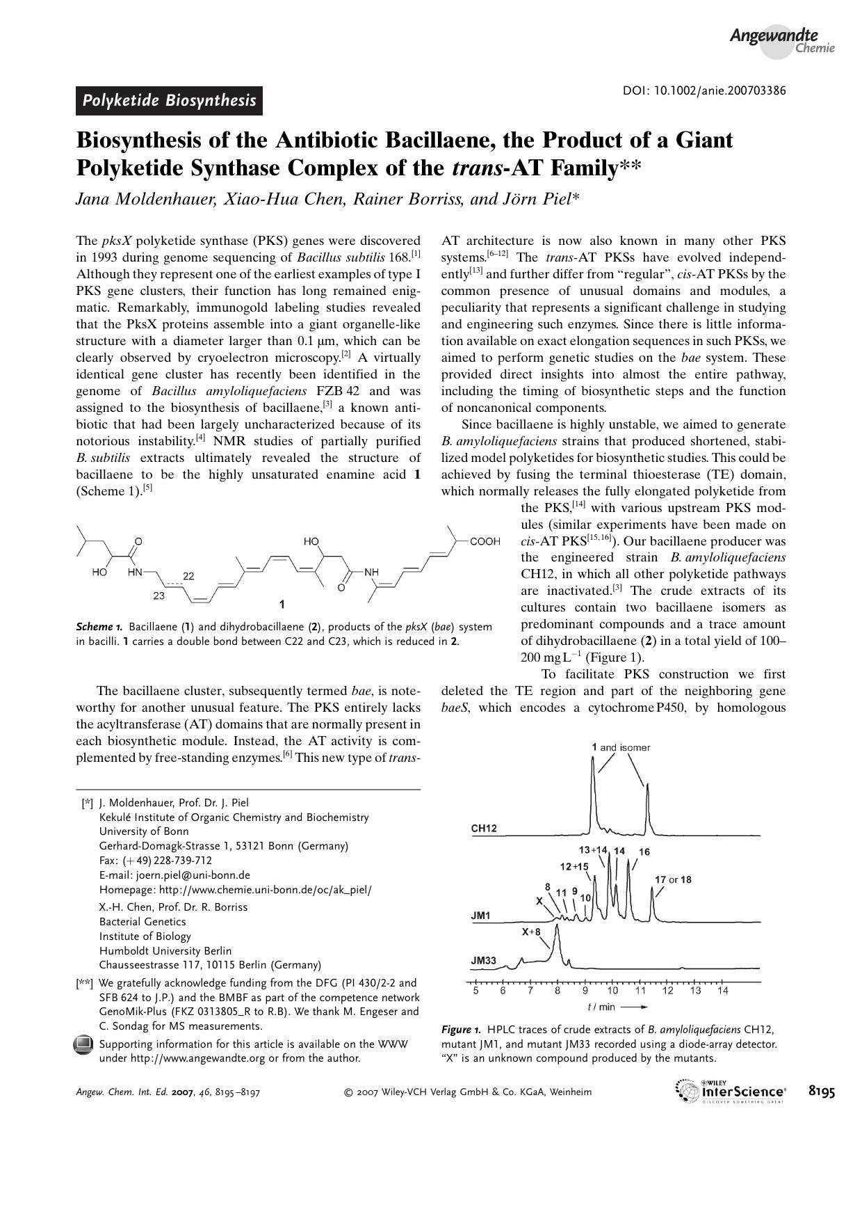 Biosynthesis of the Antibiotic Bacillaene, the Product of a Giant Polyketide Synthase Complex of the trans-AT Family by Unknown